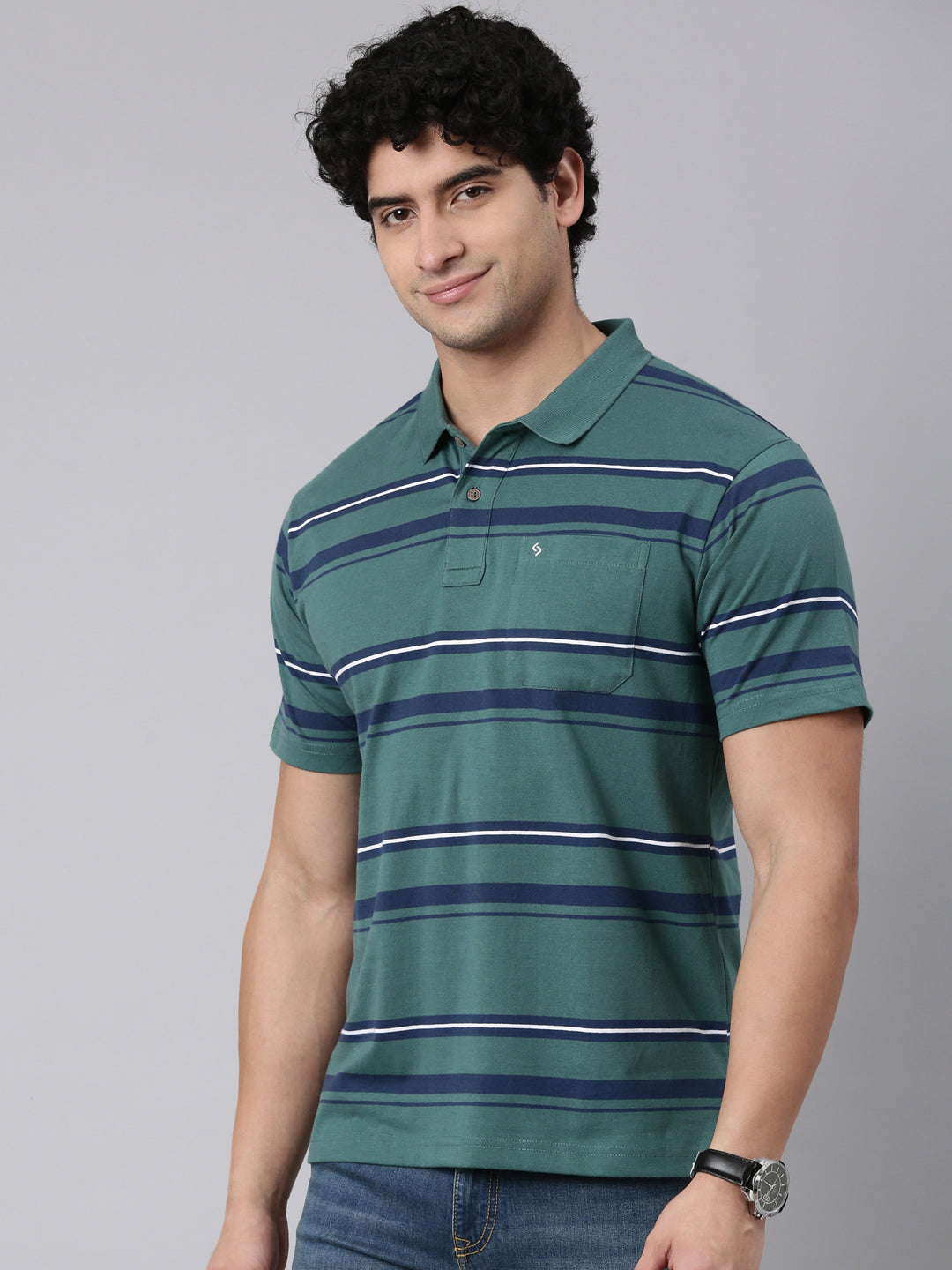 Classic Polo Men's Half Sleeve Green/Navy Blue Polo Neck Authentic Fit Striped Cotton Blend T-Shirt | AVON - 648 A AF P
