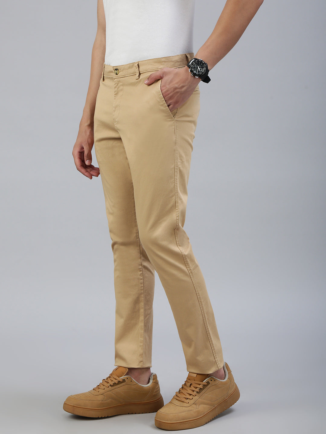Classic Polo Men's Beige Moderate Fit Solid Casual Trouser||TRS-CHINO-PEG MF LY