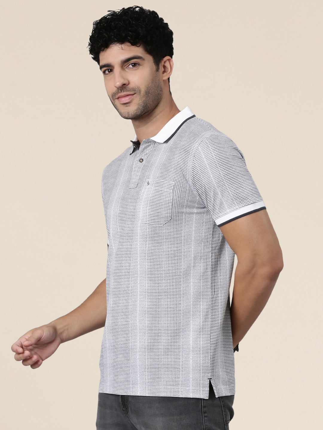 Classic Polo Men's Half Sleeve White/Black Polo Neck Slim Fit All-Over Print Cotton T-Shirt | BEAU - 302 B SF P