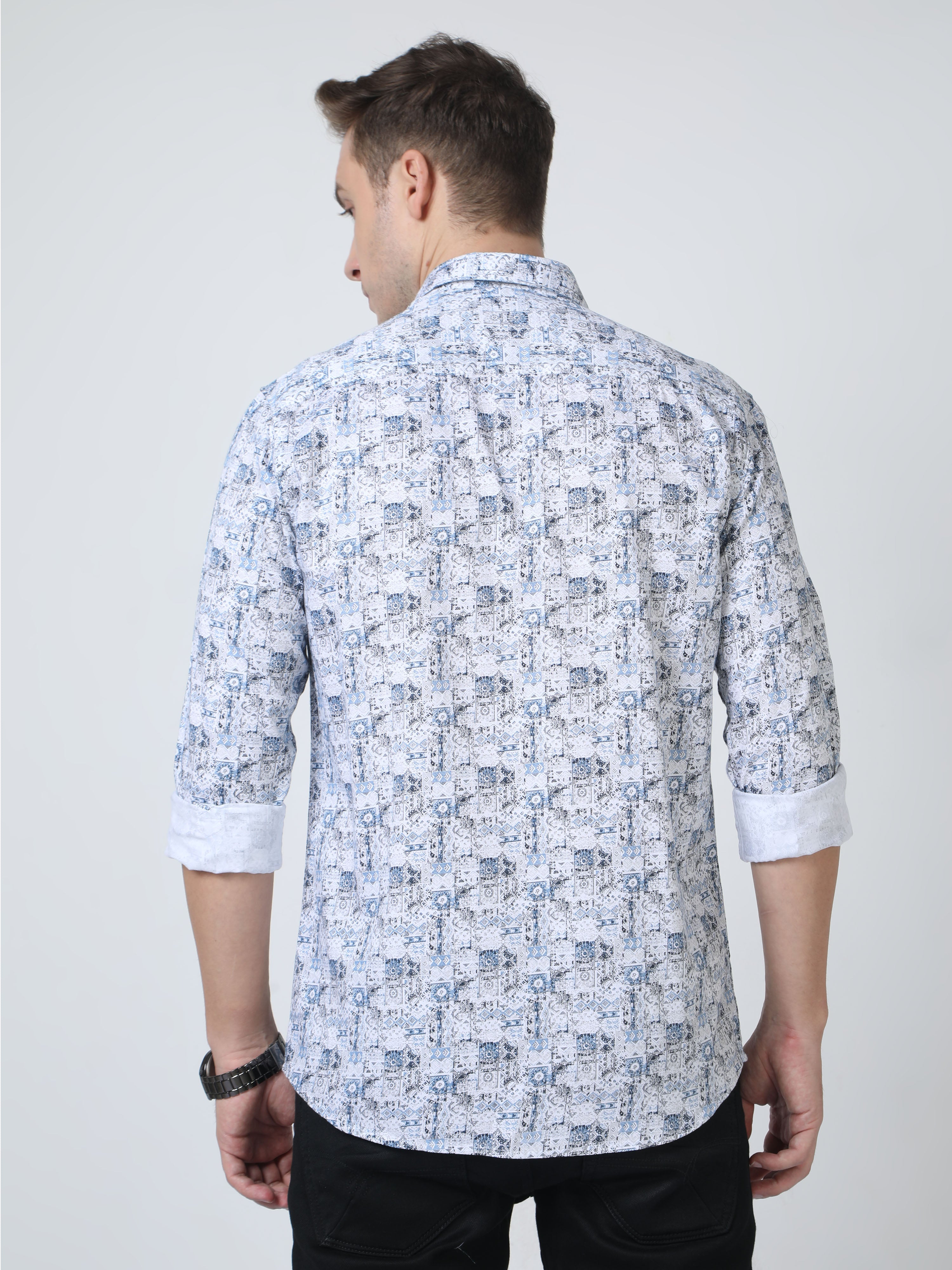 Classic Polo Mens Pure Cotton Full Sleeves Floral Slim Fit Polo Neck Blue Color Woven Shirt | So2-172 B-Fs-Prt-Sf