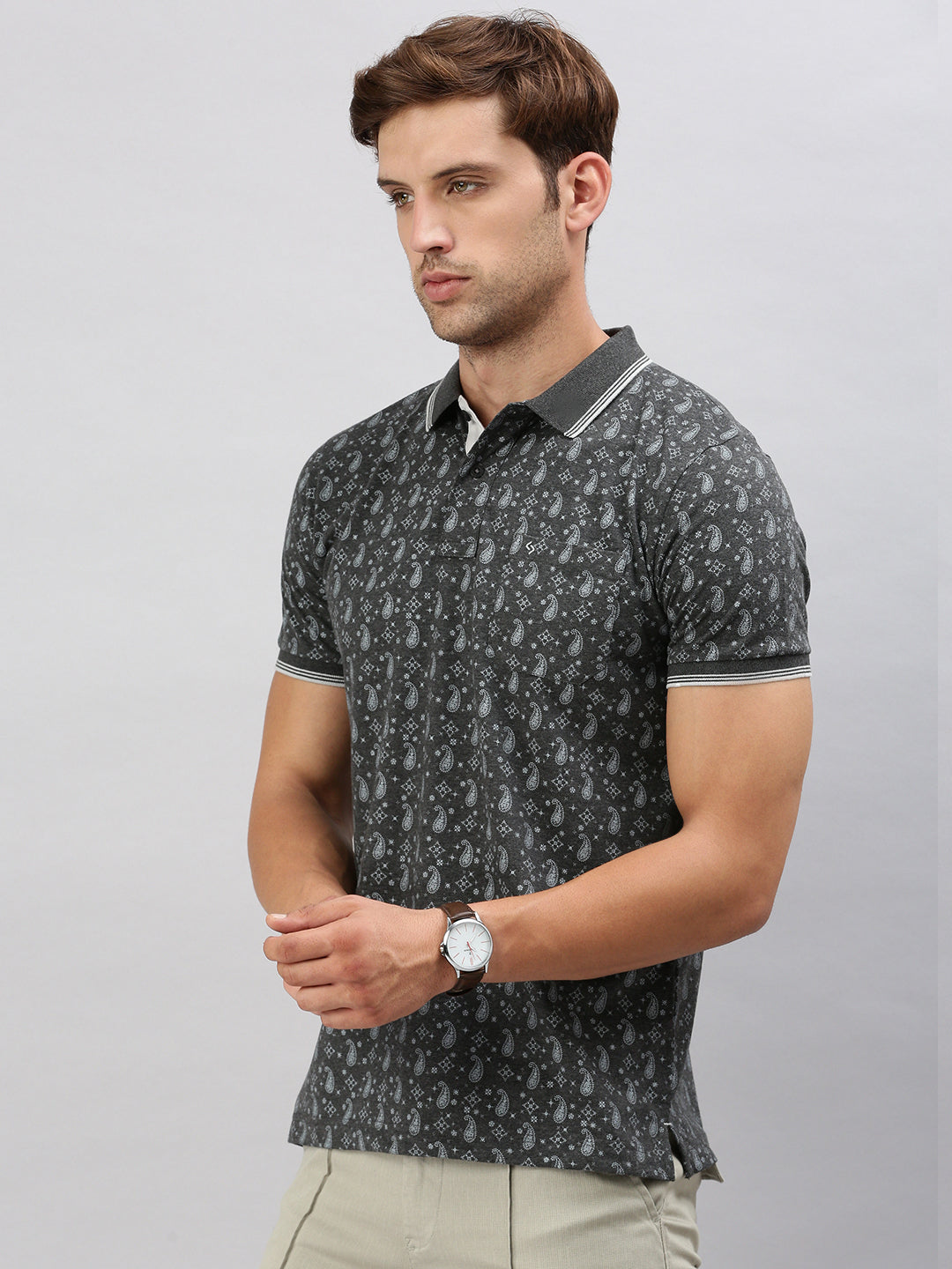 Classic Polo Men's Half Sleeve Charcoal Black/White Polo Neck Cotton Slim Fit T Shirt | BELLO - 292 B SF P