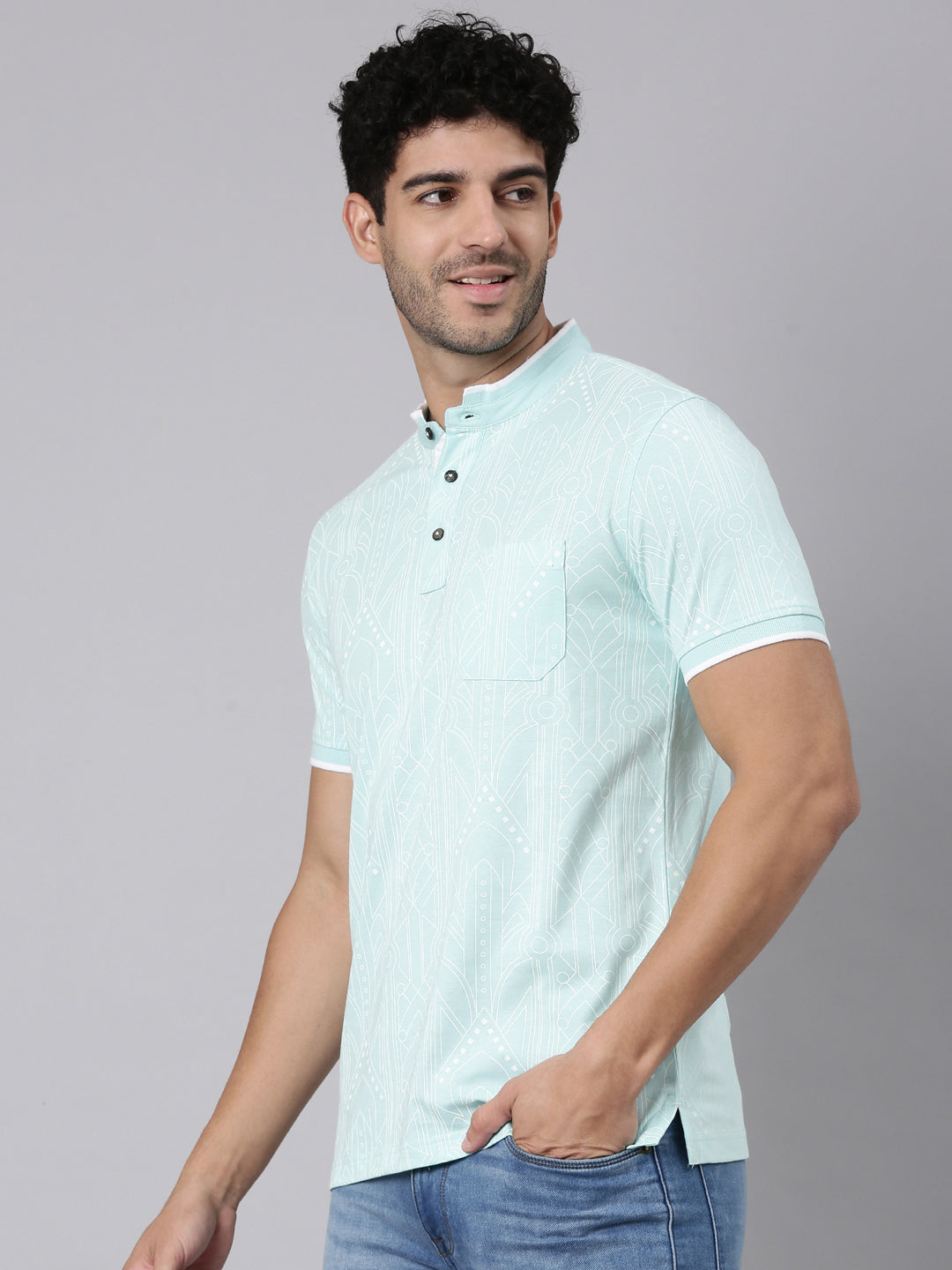 Classic Polo Men's Half Sleeve Light Blue Mandarin Collar Slim Fit All-Over Print Cotton T-Shirt | LTS-AOP - 118 B SF P