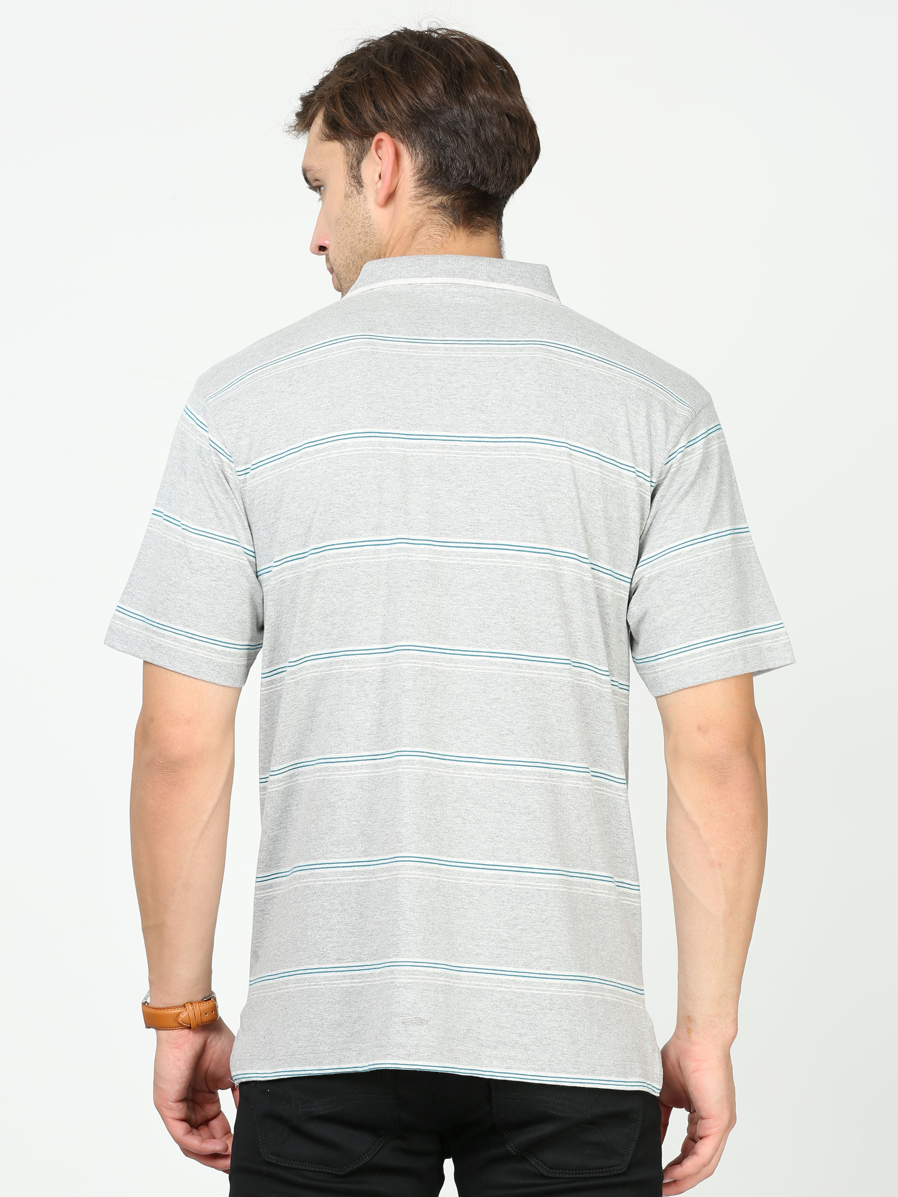 Classic Polo Mens Cotton Half Sleeves Striped Authentic Fit Polo Neck Grey Color T-Shirt | Mel - 238 B Af P