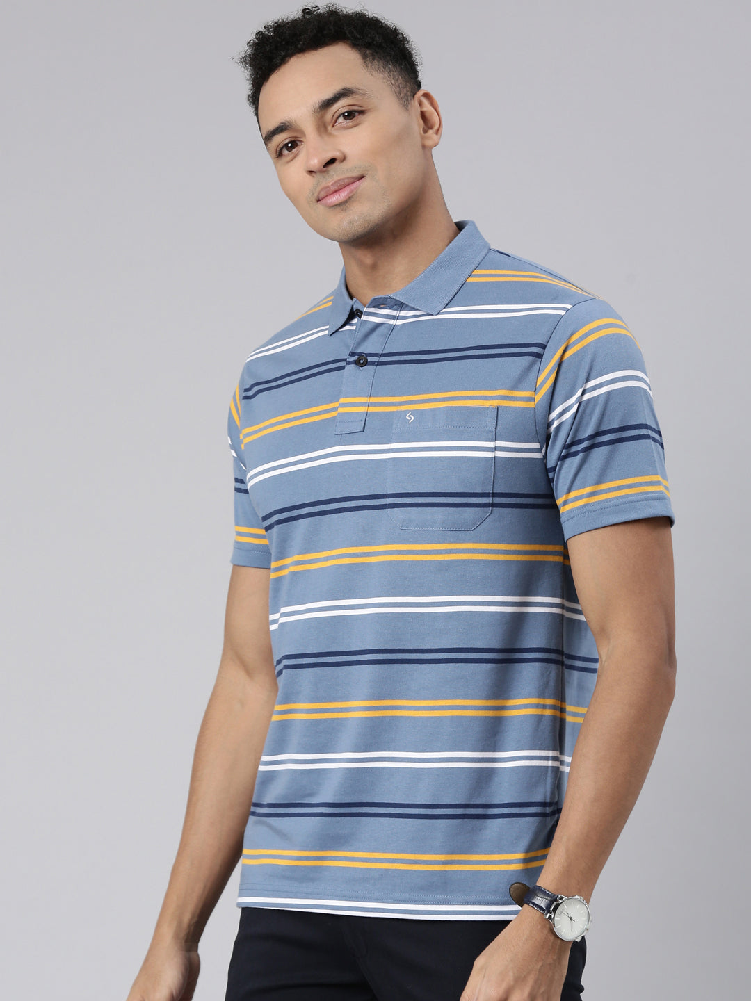 Classic Polo Men's Half Sleeve Blue/Yellow Polo Neck Cotton Blend Authentic Fit T-Shirt | AVON - 573 B AF P