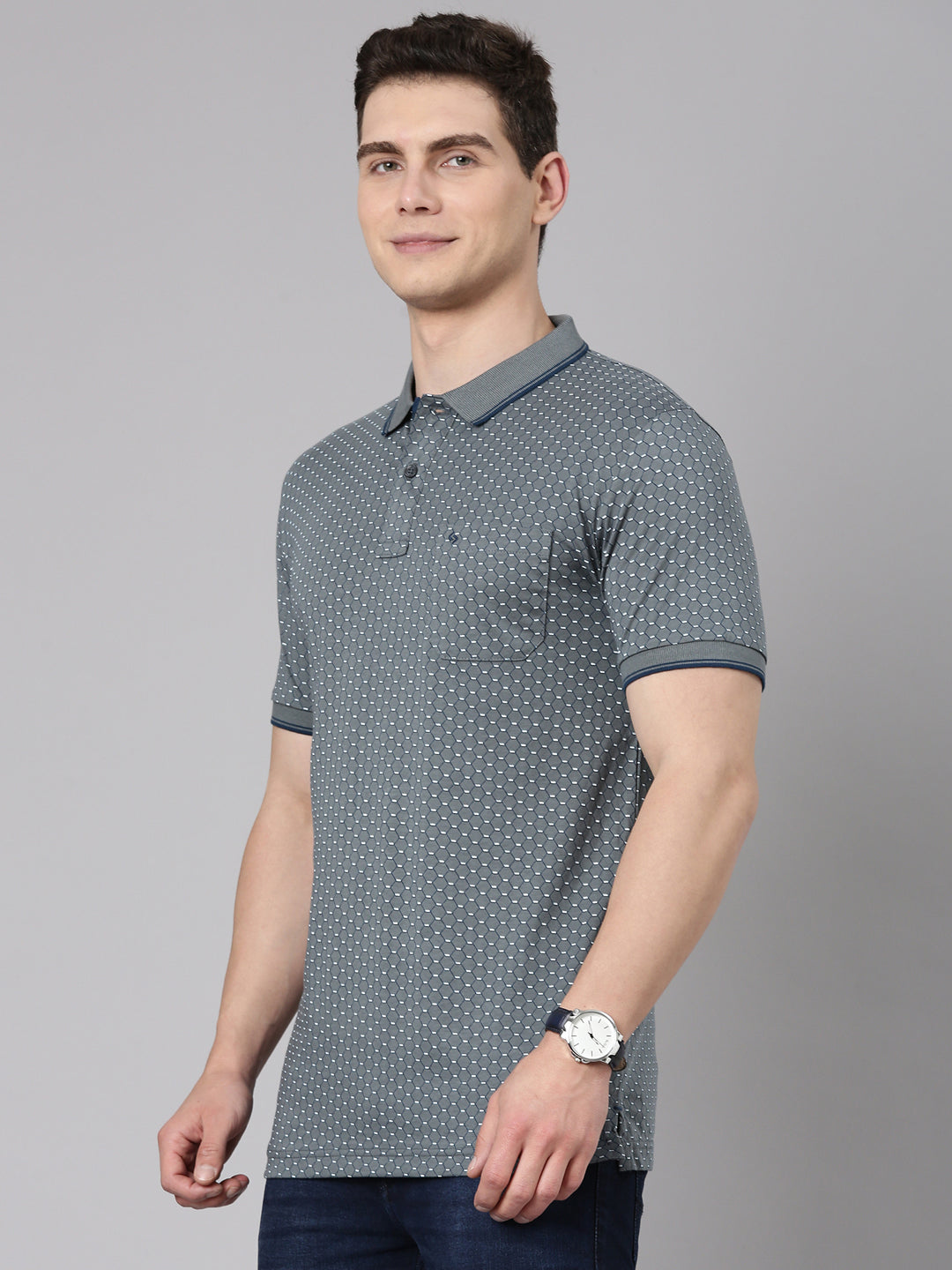 Classic Polo Men's Half Sleeve Steel Grey/Navy Polo Neck Slim Fit All Over Print Cotton T-Shirt | BELLO - 346 B SF P