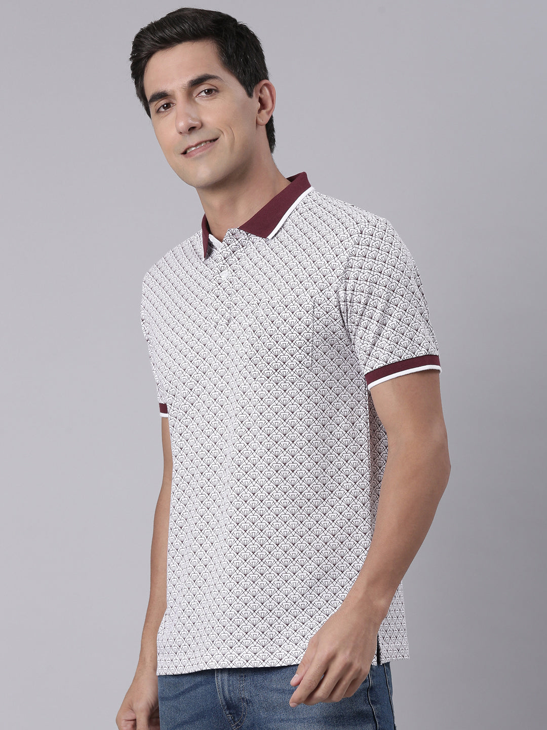 Classic Polo Men's Half Sleeve White/Maroon Polo Neck Slim Fit All Over Print Cotton T-Shirt | BEAU - 291 B SF P