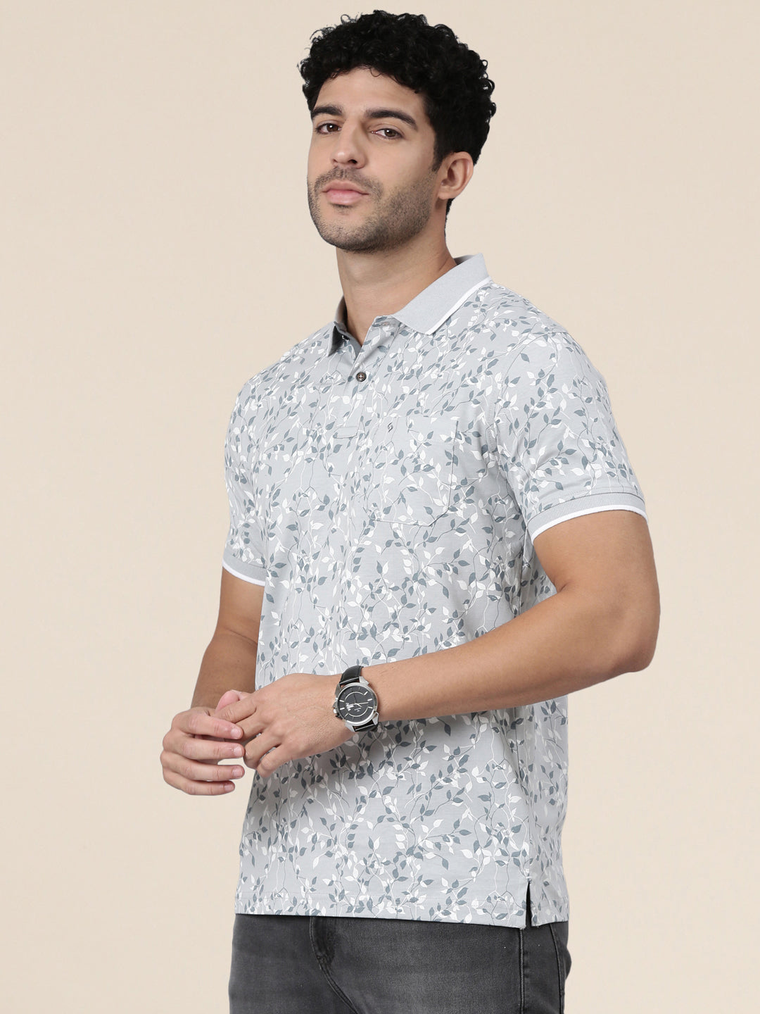 Classic Polo Men's Half Sleeve Grey/White Polo Neck Slim Fit All-Over Print Cotton T-Shirt | LTS-AOP - 123 A SF P