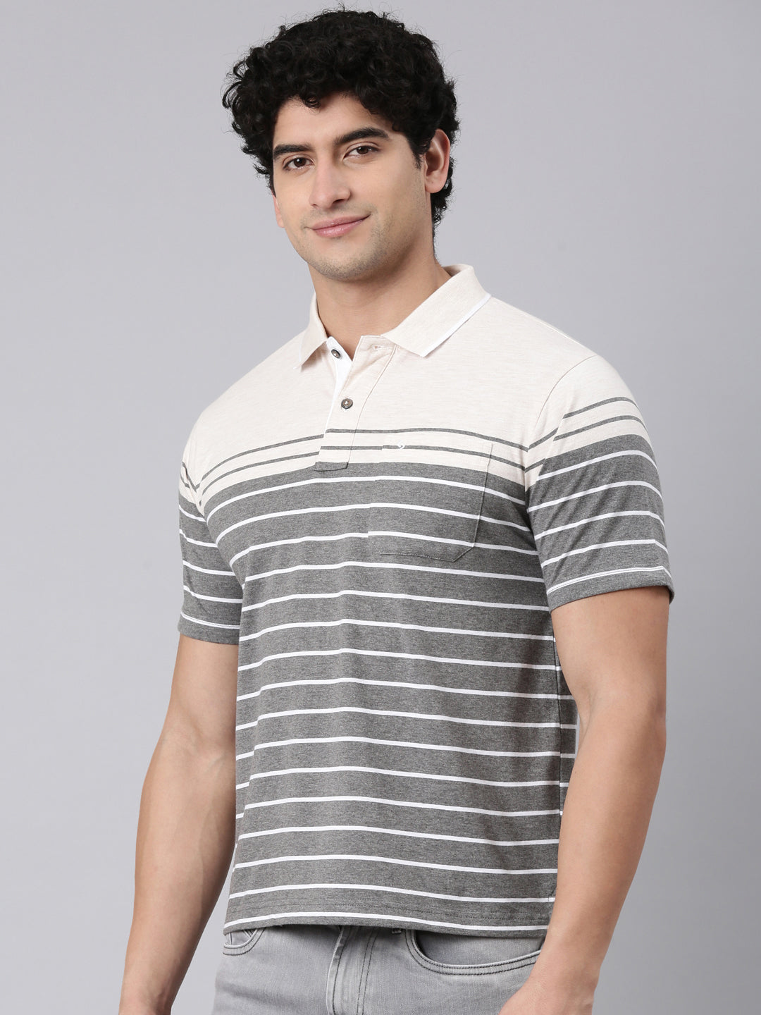 Classic Polo Men's Half Sleeve Grey/White Polo Neck Authentic Fit Striped Cotton Blend T-Shirt | MEL - 287 A AF P