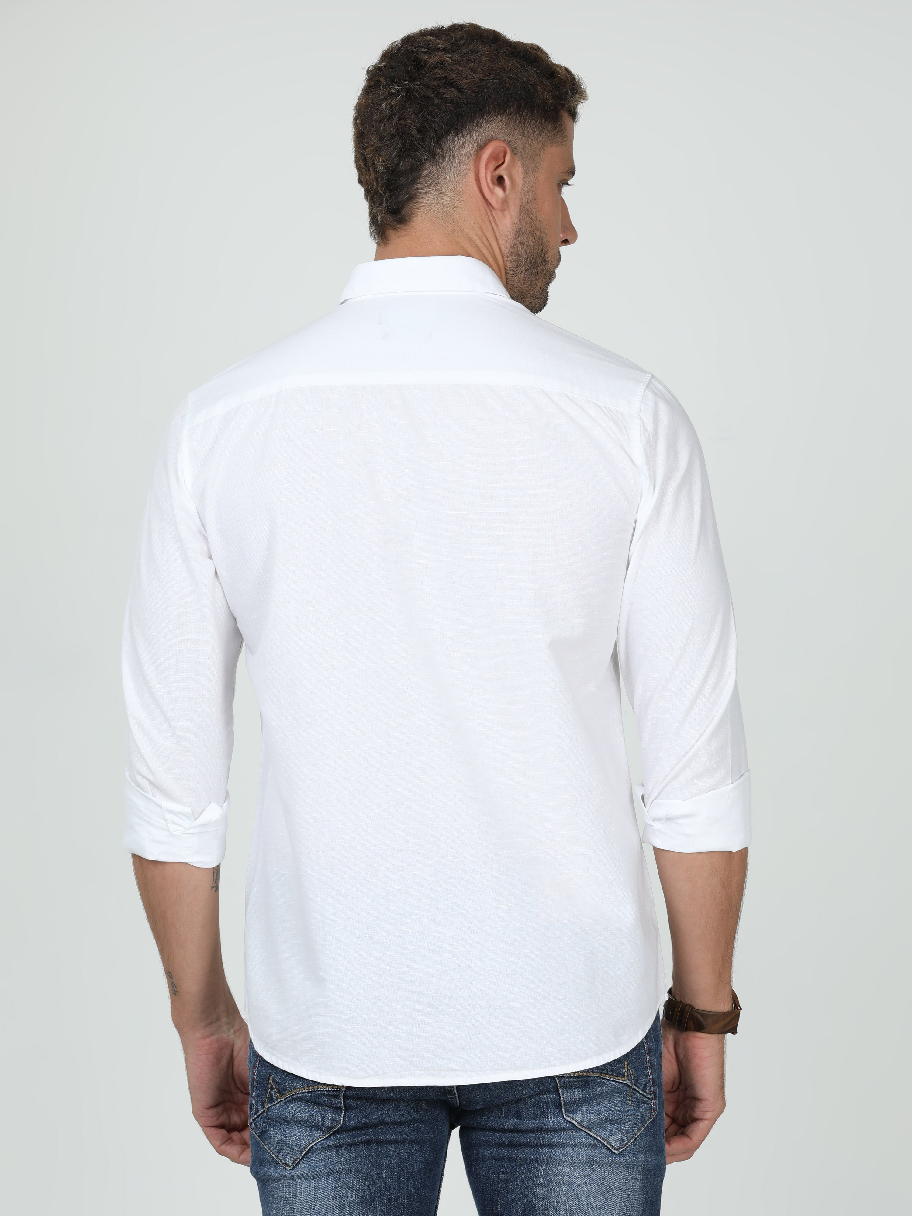 Classic Polo Mens Linen Cotton Full Sleeve Slim Fit Polo Neck White Color Woven Shirt | Linen - 12 A-FS-SLD-SF
