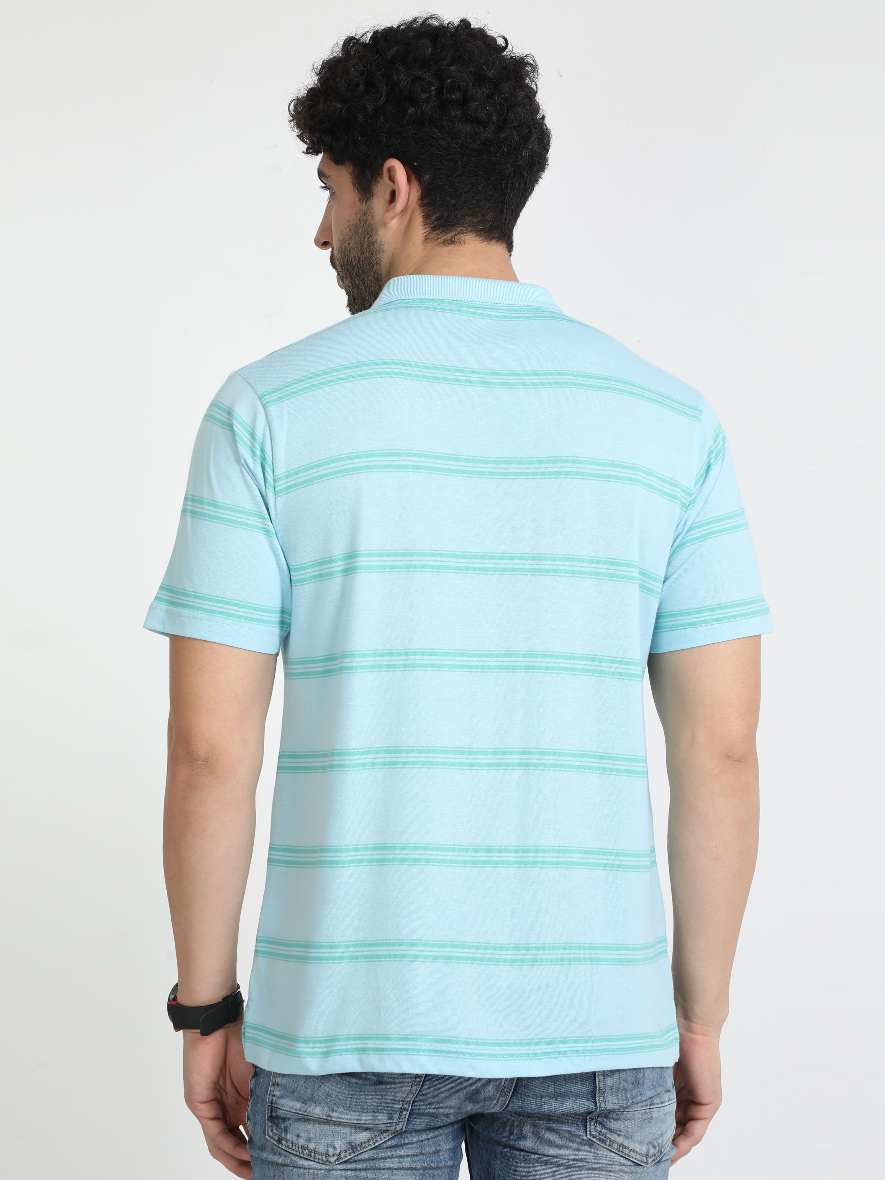 Classic Polo Mens Cotton Half Sleeves Striped Authentic Fit Polo Neck Aqua Color T-Shirt | Avon - 536 B Af P