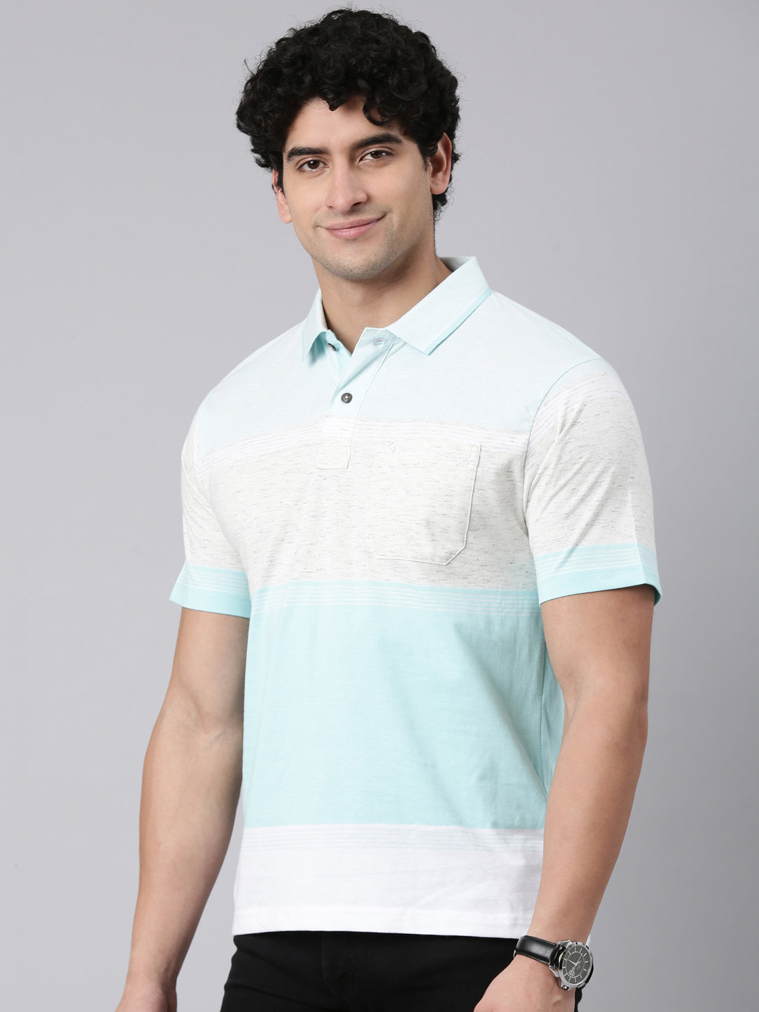 Classic Polo Men's Half Sleeve Light Blue/Grey Polo Neck Authentic Fit Colorblock Cotton Blend T-Shirt | MEL - 288 A AF P
