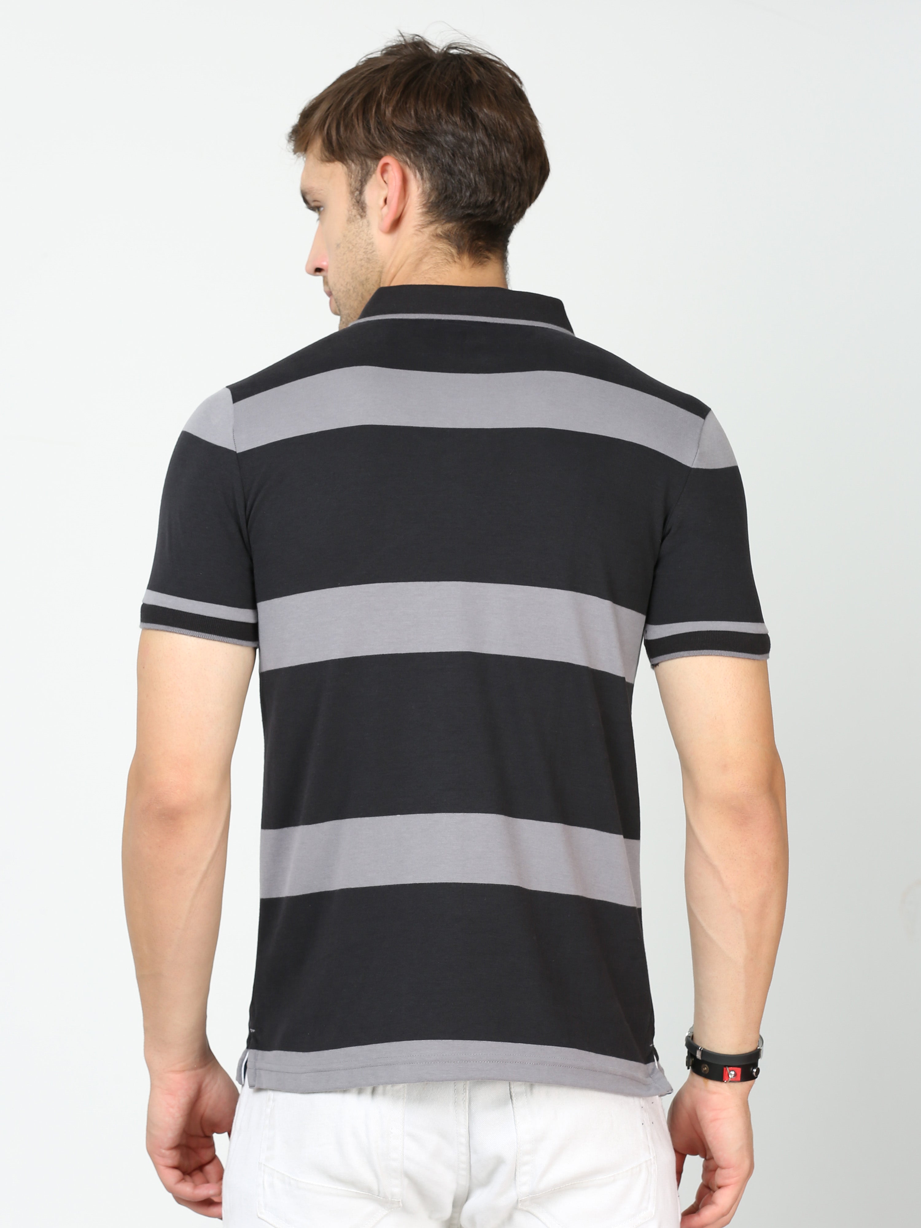 Classic Polo Mens Cotton Half Sleeves Striped Slim Fit Polo Neck Black Color T-Shirt | Cpeg - 313 B Sf P