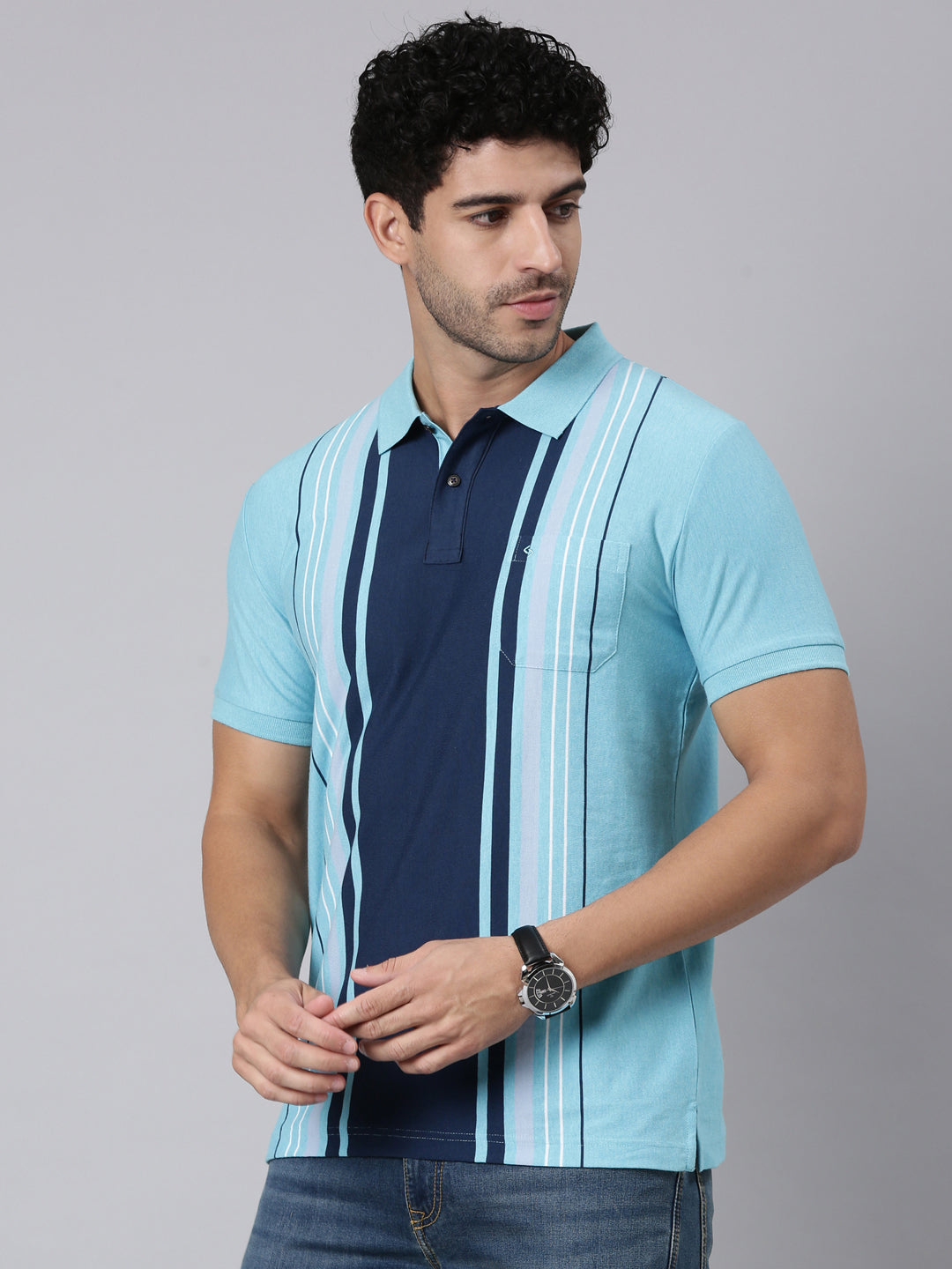 Classic Polo Men's Half Sleeve Turquoise/Navy Blue Polo Neck Slim Fit Striped Cotton Blend T-Shirt | VERTICS - 124 B SF P