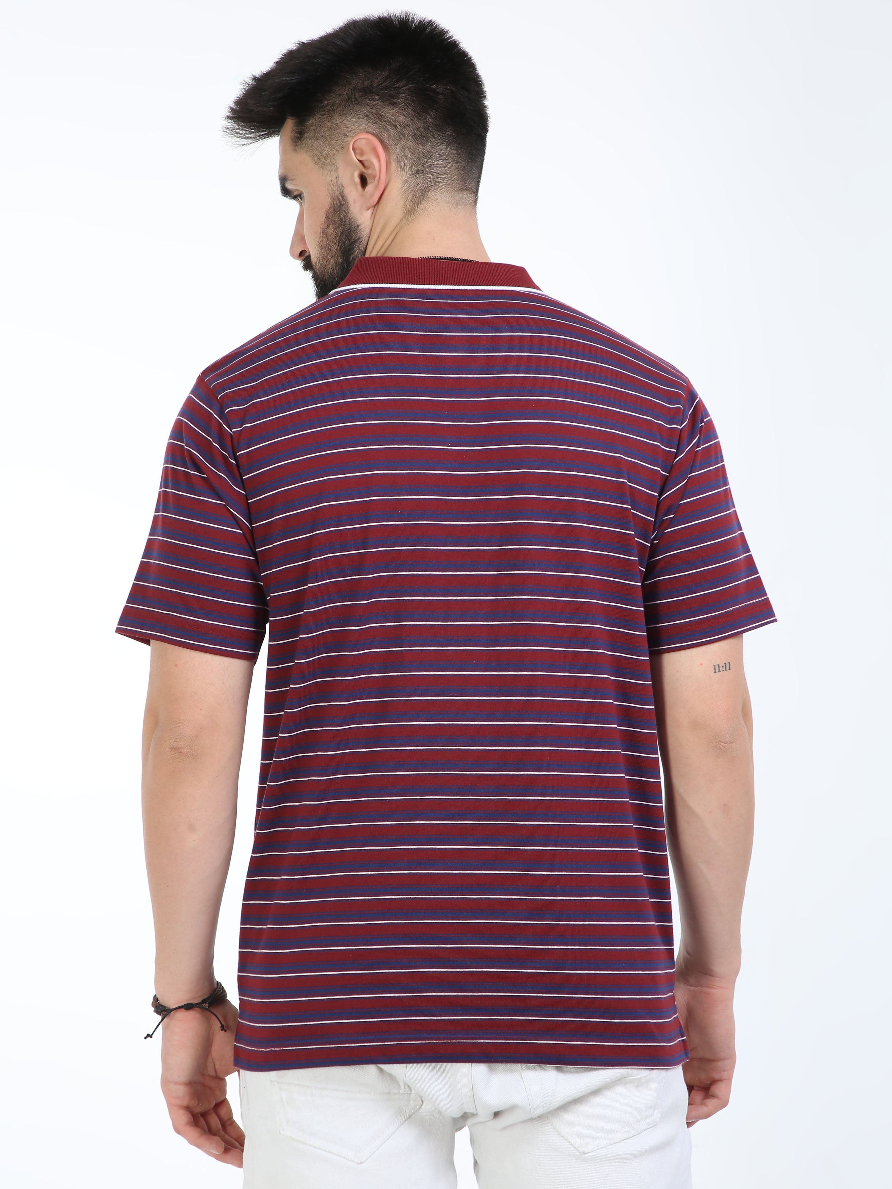 Classic Polo Mens Cotton Half Sleeves Striped Authentic Fit Polo Neck Maroon Color T-Shirt | Feeders-239 B Af P