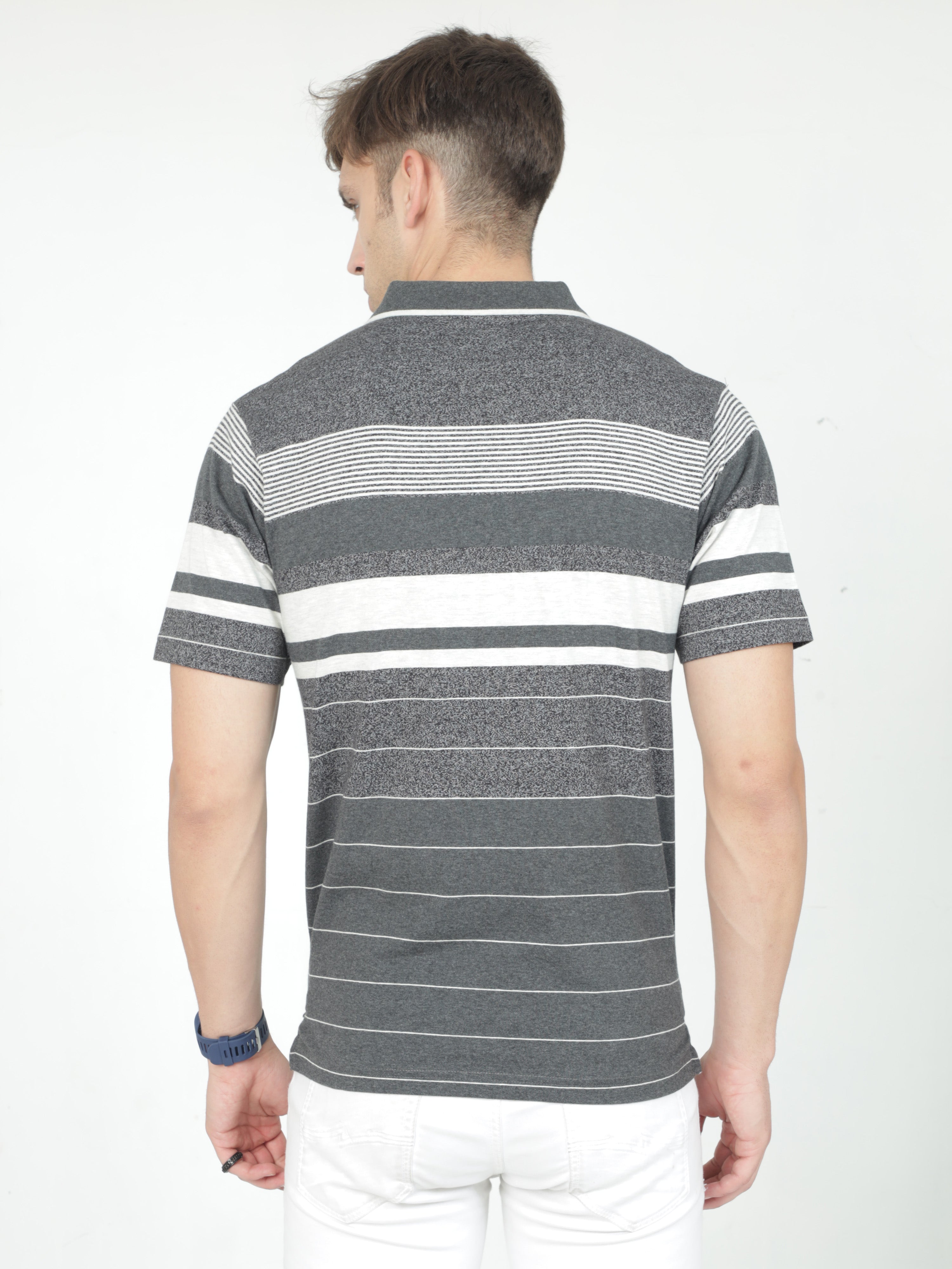 Classic Polo Mens Cotton Half Sleeves Striped Authentic Fit Polo Neck Grey Color T-Shirt | Mel - 245 B Af P