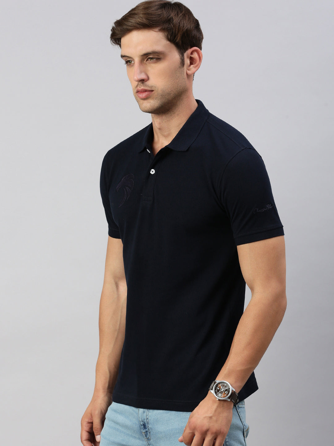 Classic Polo Men's Half Sleeve Navy Blue Polo Neck Cotton Slim Fit T Shirt | PRM - 803 B SF P