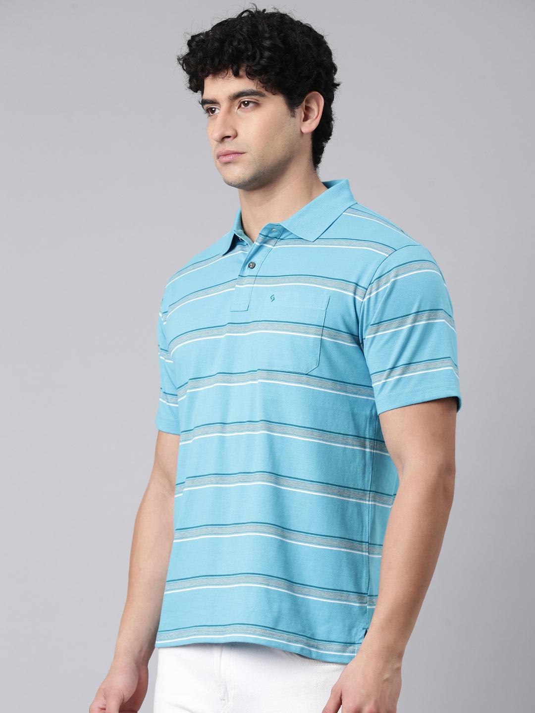 Classic Polo Men's Half Sleeve Blue/White Polo Neck Authentic Fit Striped Cotton Blend T-Shirt | AVON - 647 B AF P