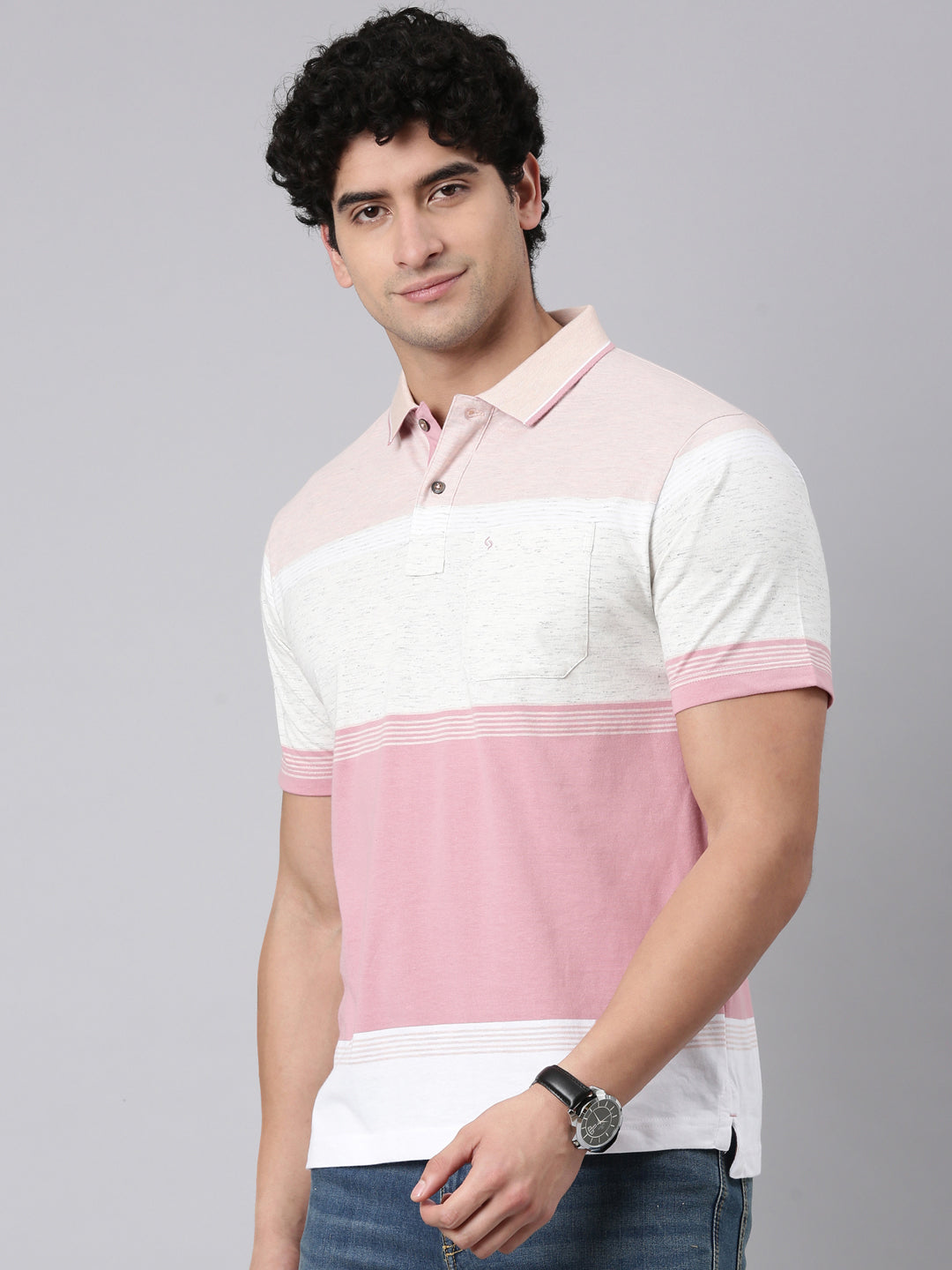 Classic Polo Men's Half Sleeve Mauve/Grey Polo Neck Authentic Fit Colorblock Cotton Blend T-Shirt | MEL - 288 B AF P