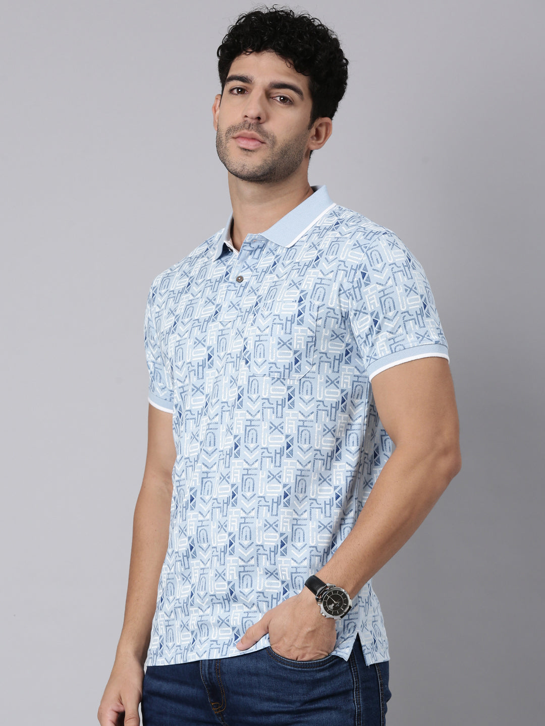 Classic Polo Men's Half Sleeve Blue/White Polo Neck Slim Fit All-Over Print Cotton T-Shirt | BELLO - 418 B SF P