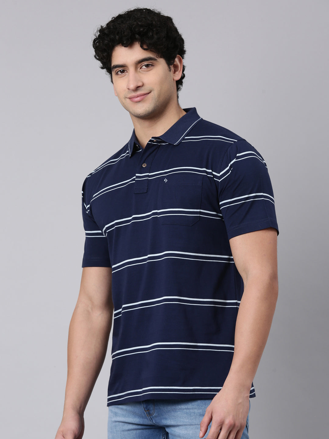 Classic Polo Men's Half Sleeve Navy Blue/White Polo Neck Authentic Fit Striped Cotton T-Shirt | AP - 160 A AF P