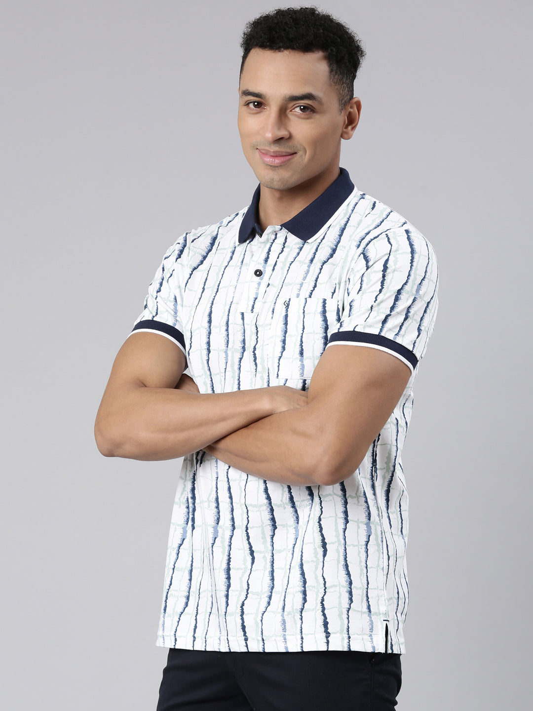 Classic Polo Men's Half Sleeve Blue/White Polo Neck Cotton Blend Slim Fit T-Shirt | BELLO - 303 A SF P