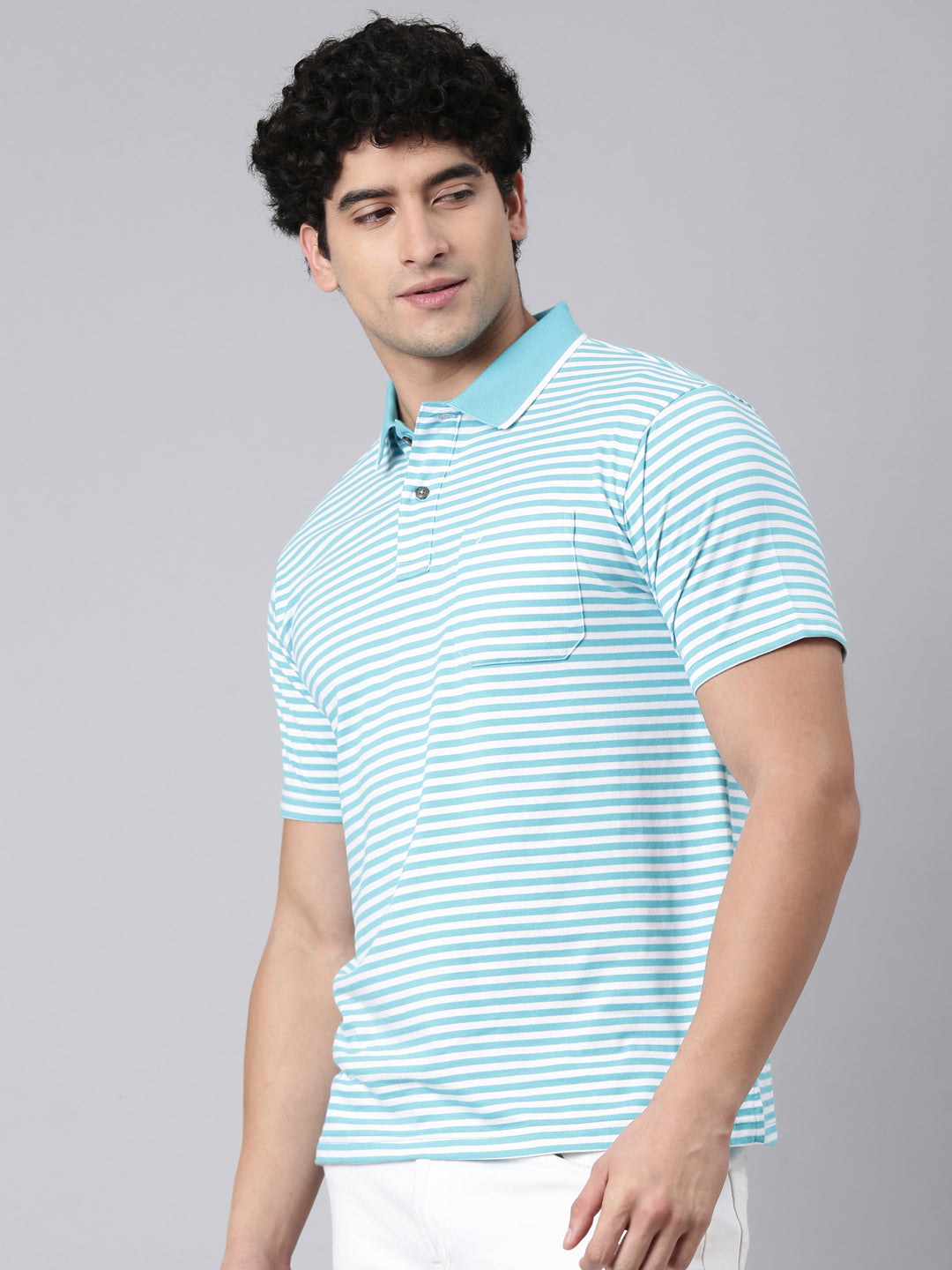 Classic Polo Men's Half Sleeve Blue/White Polo Neck Authentic Fit Striped Cotton Blend T-Shirt | FEEDERS - 304 A AF P