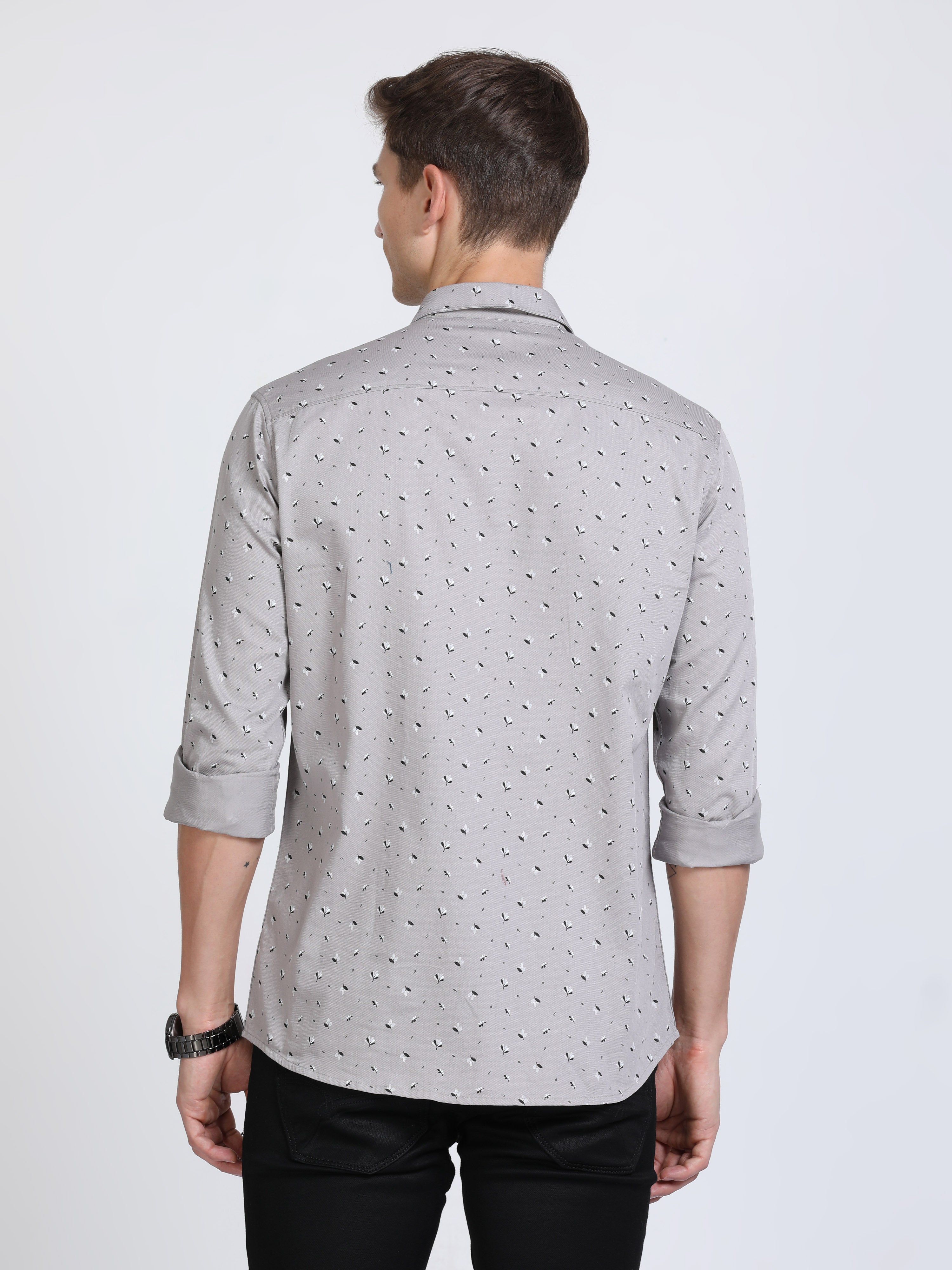 Classic Polo Mens Pure Cotton Full Sleeves Printed Slim Fit Polo Neck Grey Color Woven Shirt | So2-165 A-Fs-Prt-Sf