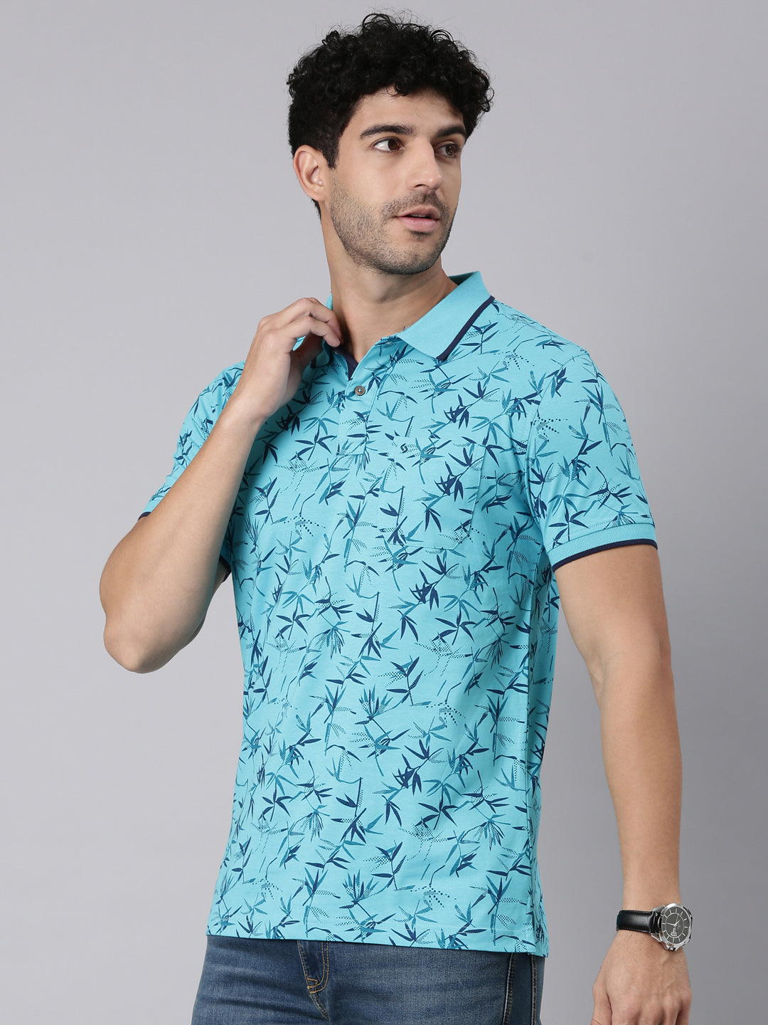 Classic Polo Men's Half Sleeve Blue Polo Neck Slim Fit All-Over Print Cotton T-Shirt | BELLO - 417 A SF P