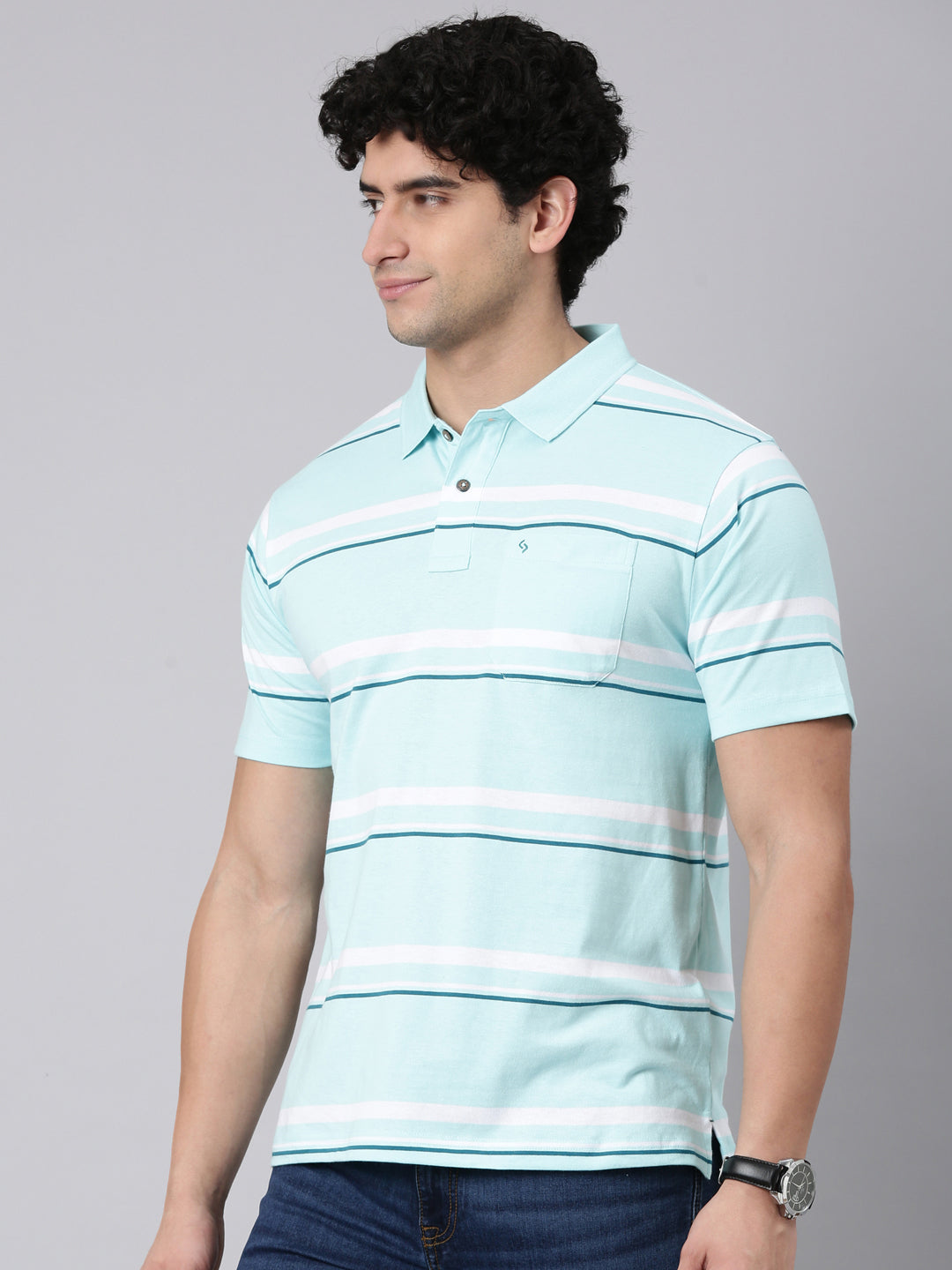 Classic Polo Men's Half Sleeve Light Blue/White Polo Neck Authentic Fit Striped Cotton Blend T-Shirt | AVON - 655 A AF P