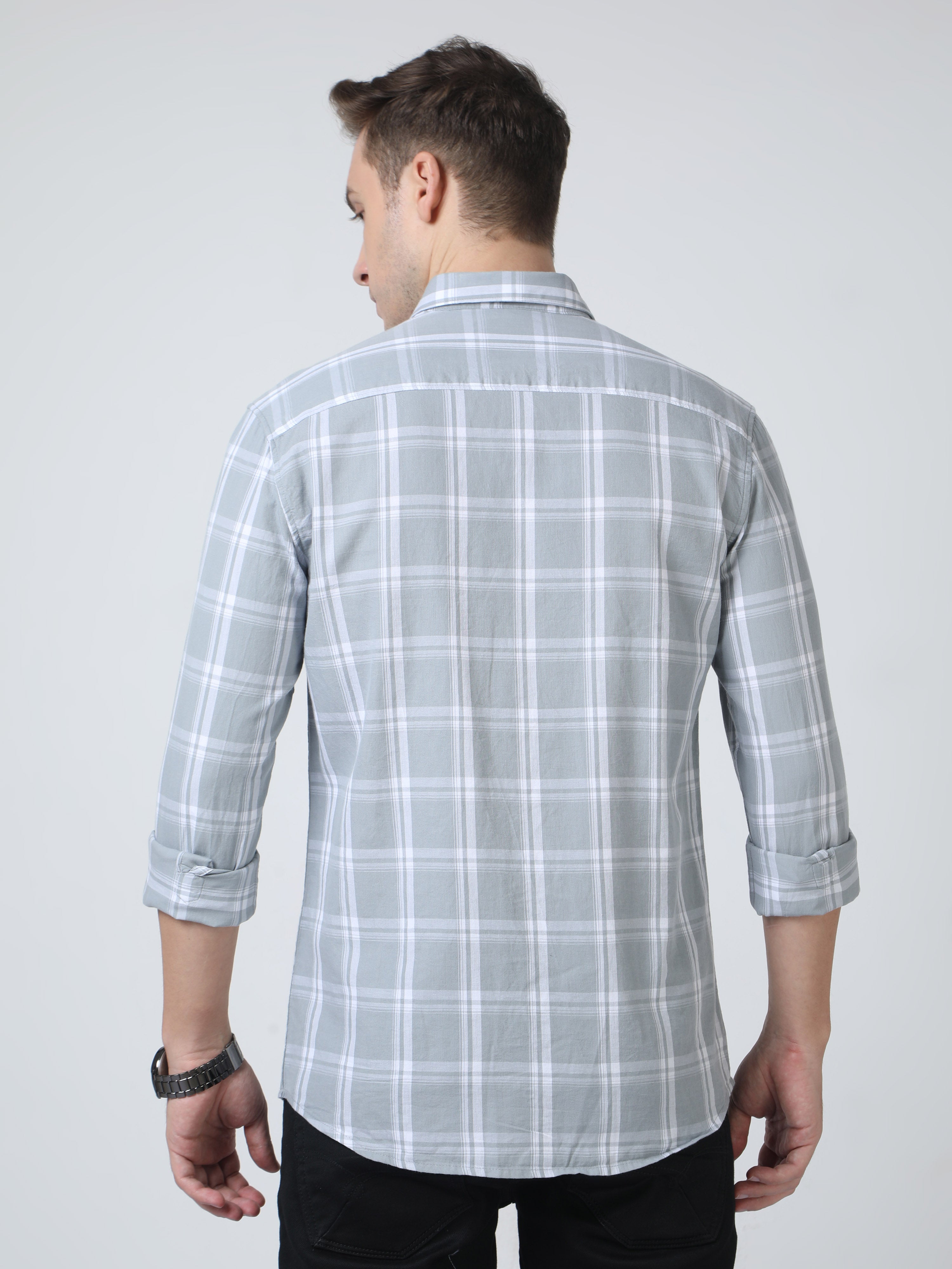 Classic Polo Mens Pure Cotton Full Sleeves Checked Slim Fit Polo Neck Grey Color Woven Shirt | So2-104 B-Fs-Chk-Sf