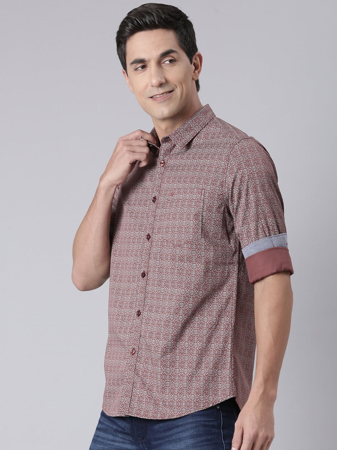 Classic Polo Men's Brown/White Polo Neck Printed Cotton Slim Fit Woven Shirt | LSHQ2-86 A-FS-PRT-SF