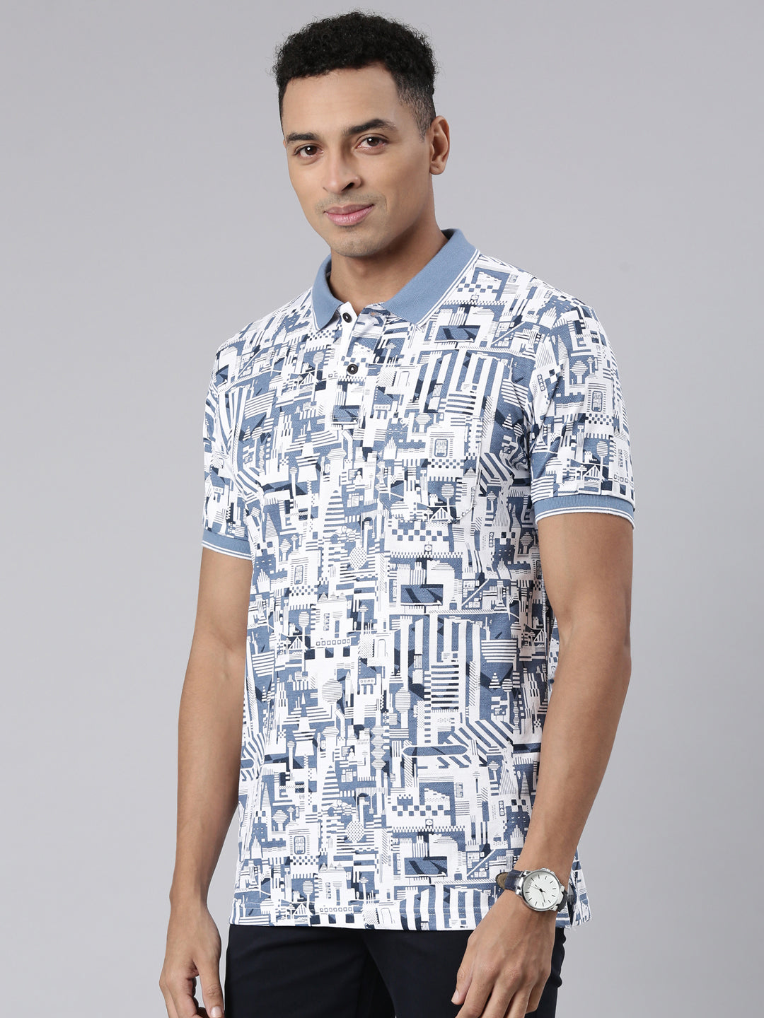 Classic Polo Men's Half Sleeve Blue/White Polo Neck Cotton Blend Slim Fit T-Shirt | BEAU - 267 A SF P