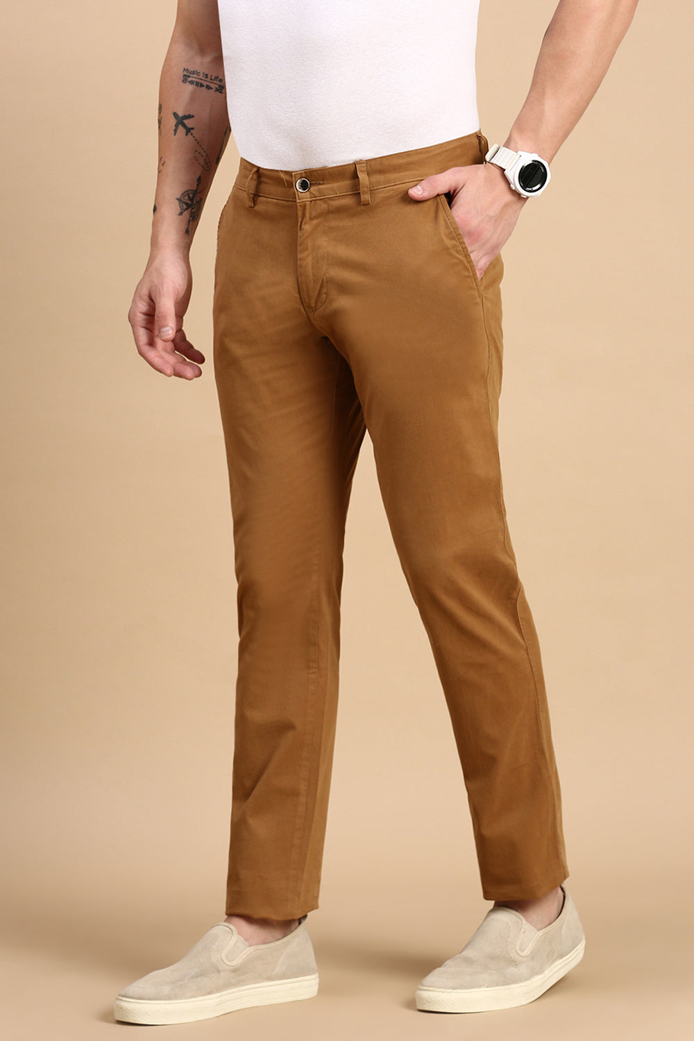 Classic Polo Men's Dark Khaki Ankle Fit Solid Trousers | TP2-04 A-D.KHA-AF LY