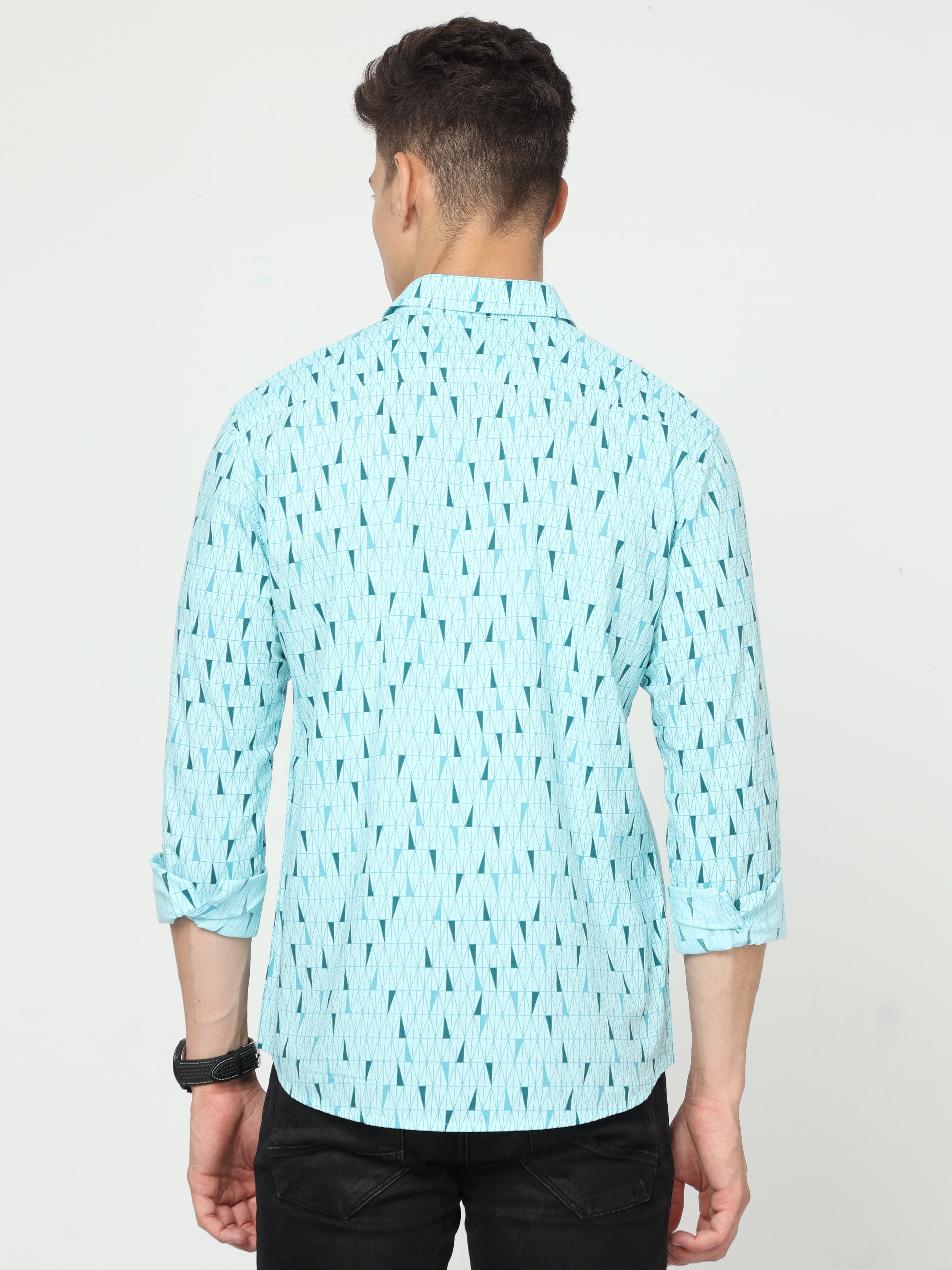 Classic Polo Mens Cotton Full Sleeve Printed Slim Fit Polo Neck Aqua Color Woven Shirt | SO1-150 B-FS-PRT