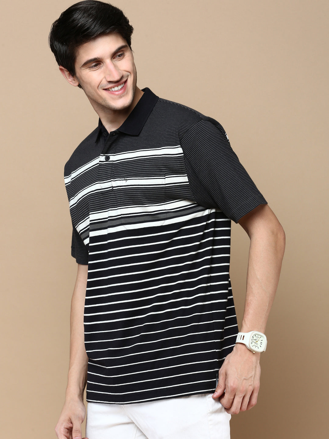 Classic Polo Men's Half Sleeve Black/White Polo Neck Cotton Authentic Fit T Shirt | AVON - 591 B AF P