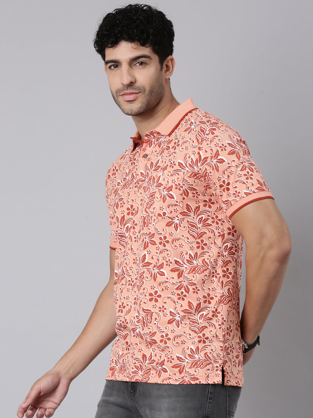 Classic Polo Men's Half Sleeve Dark Peach Polo Neck Slim Fit All-Over Print Cotton T-Shirt | BELLO - 402 B SF P