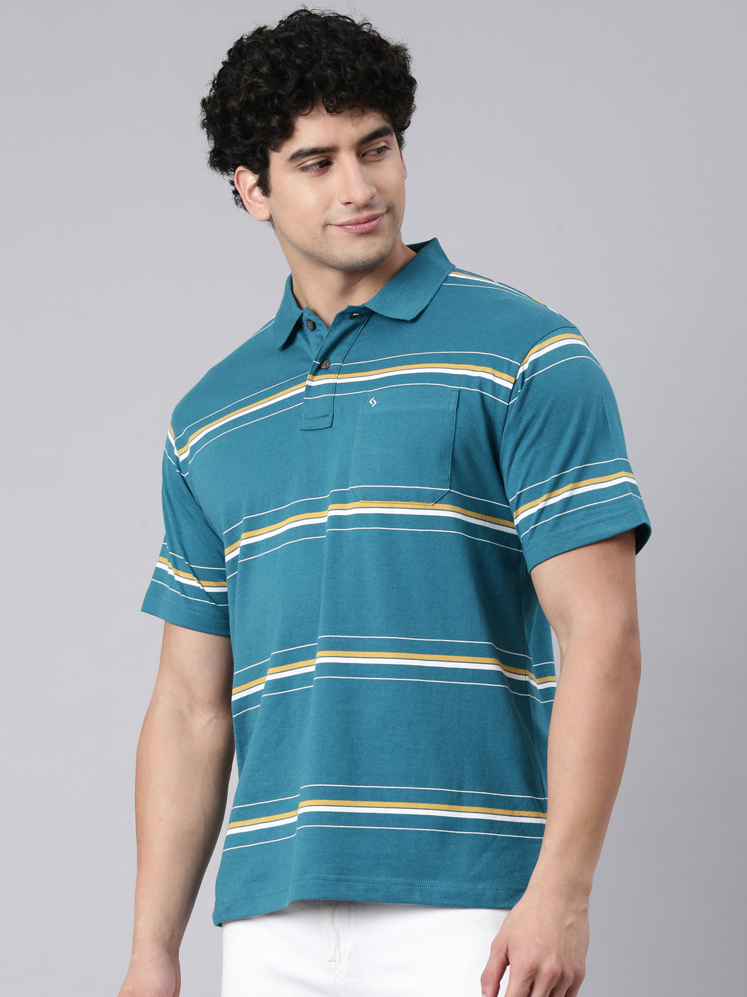 Classic Polo Men's Half Sleeve Teal Blue Polo Neck Authentic Fit Striped Cotton Blend T-Shirt | AVON - 663 A AF P