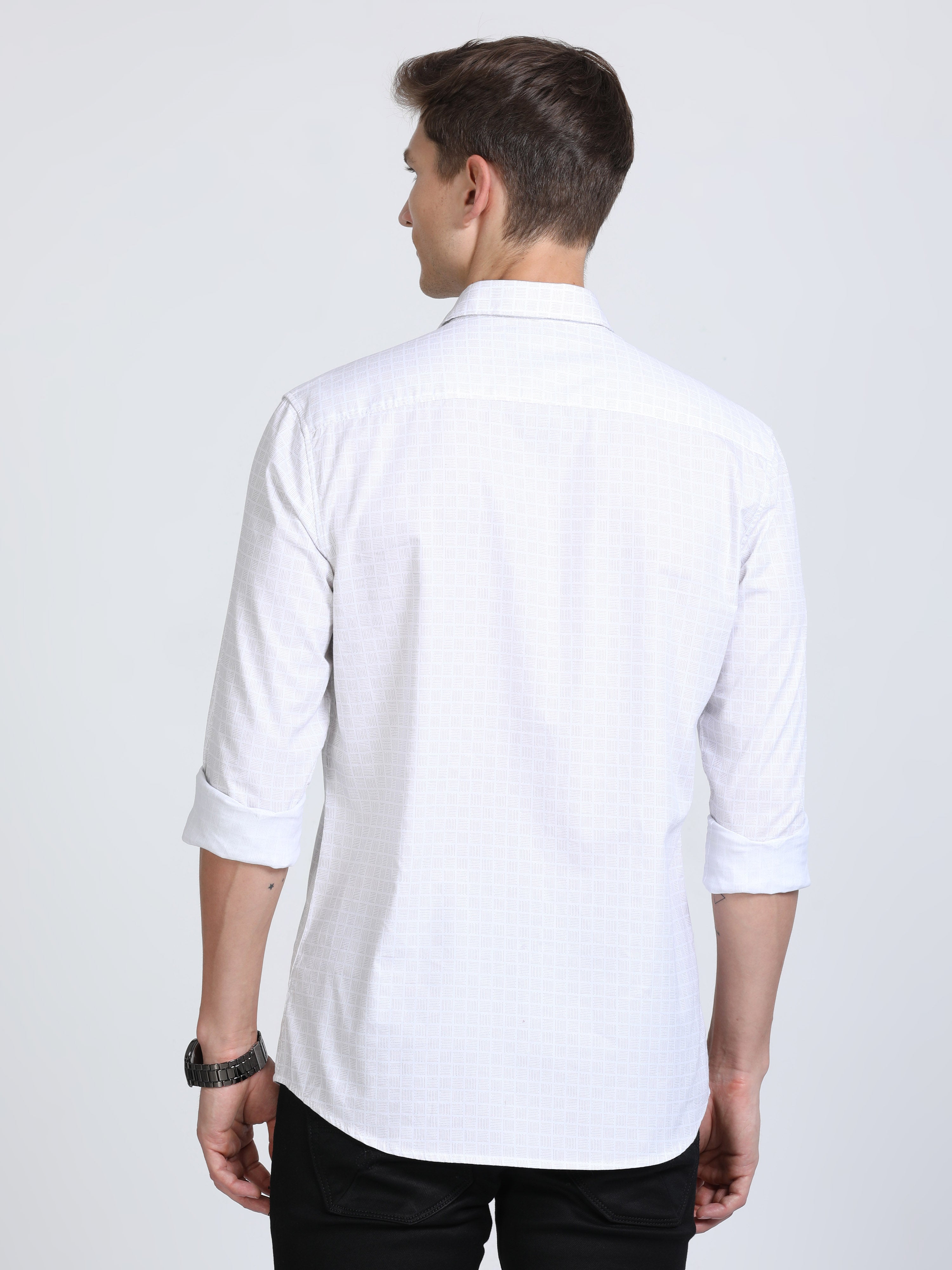 Classic Polo Mens Pure Cotton Full Sleeves Printed Slim Fit Polo Neck White Color Woven Shirt | So2-161 A-Fs-Prt-Sf