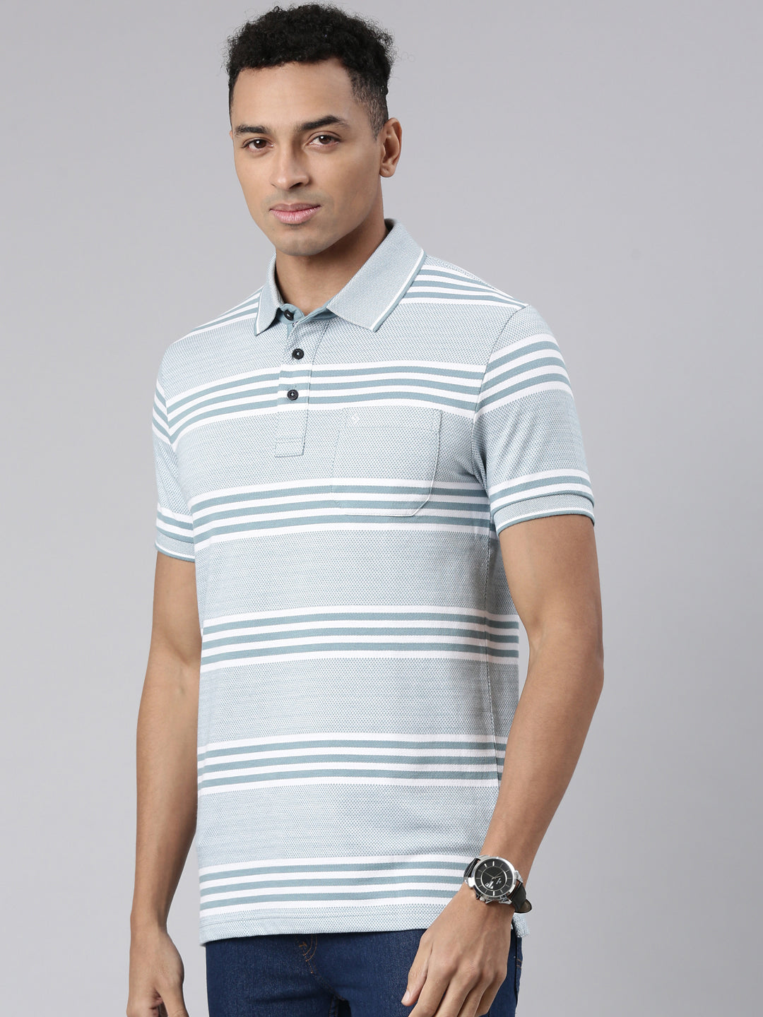 Classic Polo Men's Half Sleeve Blue/White Polo Neck Cotton Blend Slim Fit T-Shirt | ALLUR - 01 A SF P