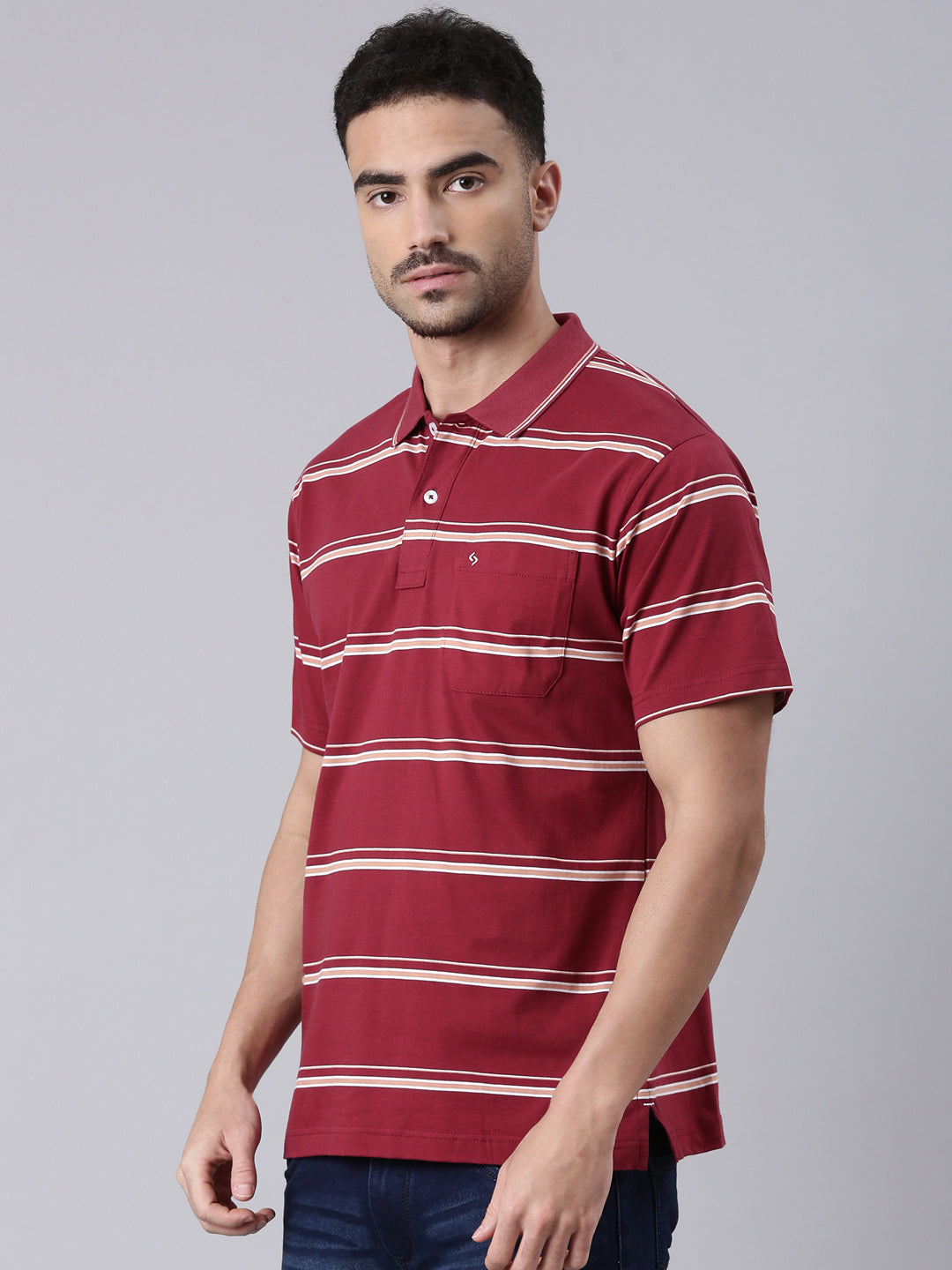 Classic Polo Men's Half Sleeve Maroon/White Polo Neck Authentic Fit Striped Cotton T-Shirt | AP - 111 B AF P