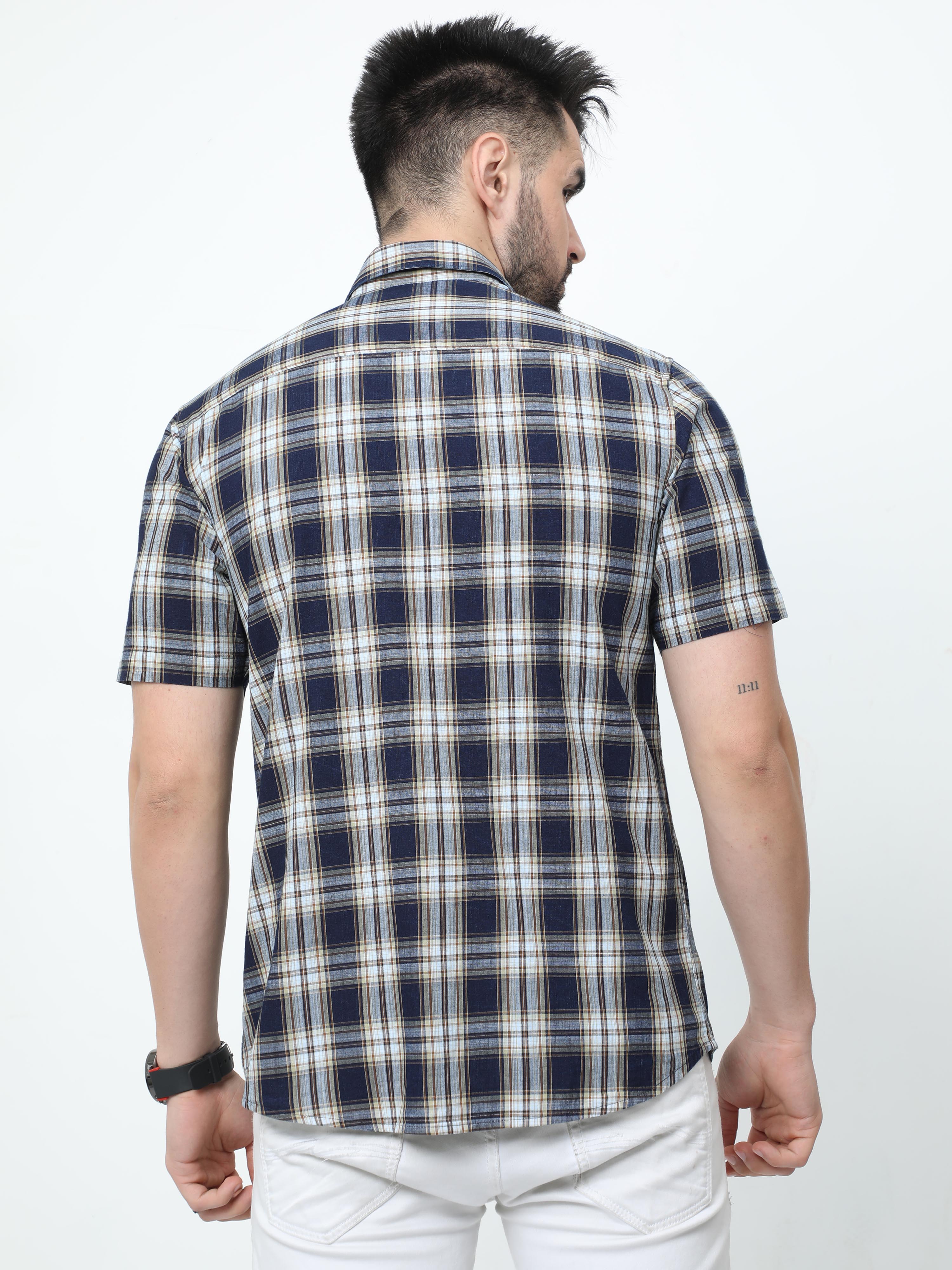 Classic Polo Mens Pure Cotton Half Sleeves Checked Slim Fit Polo Neck Navy Color Woven Shirt | So2-174 B-Hs-Chk-Sf