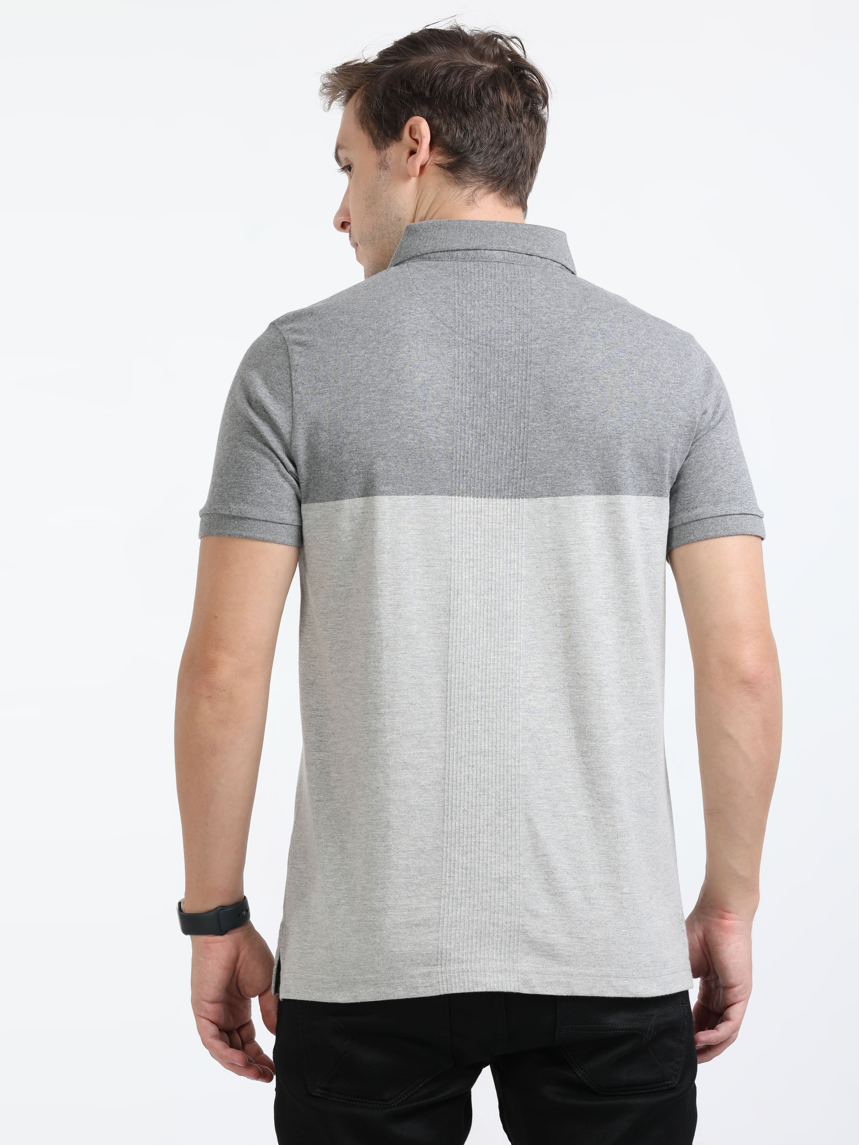 Classic Polo Mens Cotton Half Sleeves Color Blocked Slim Fit Polo Neck Grey Color T-Shirt | Prm - 775 B Sf P