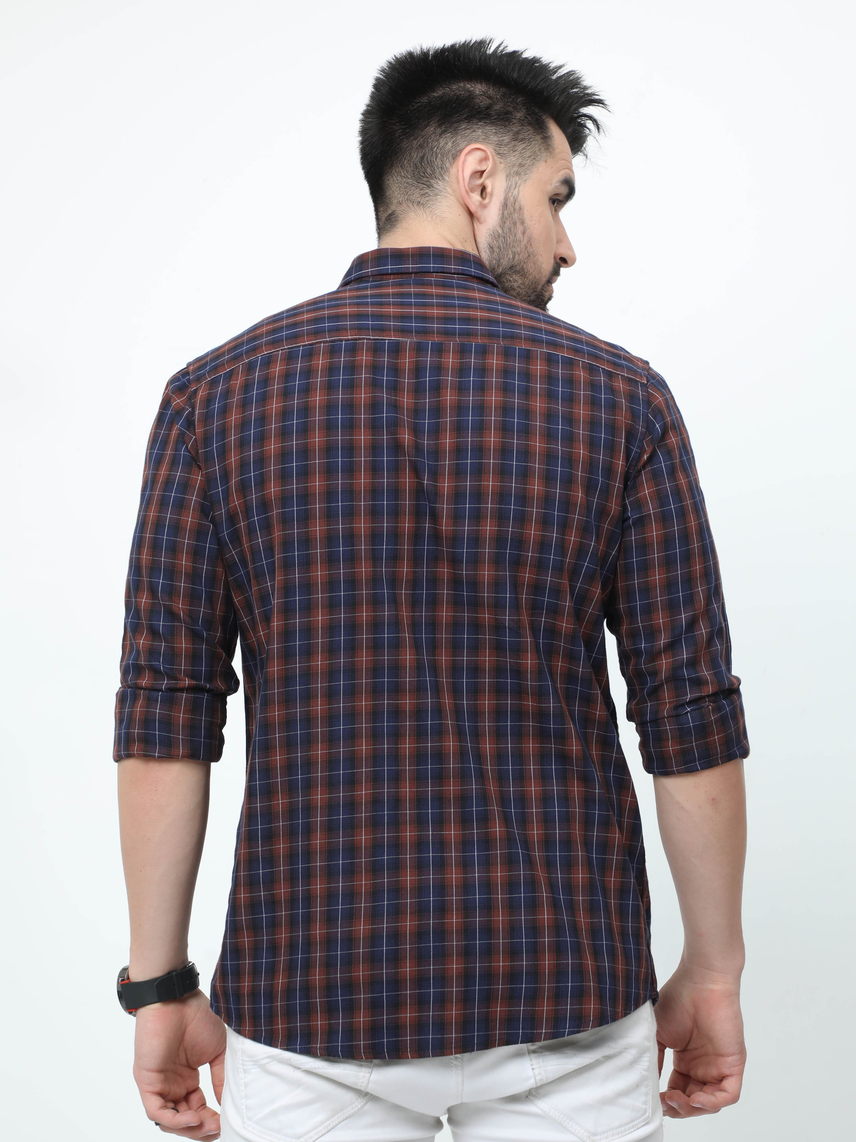 Classic Polo Mens Pure Cotton Full Sleeves Checked Slim Fit Polo Neck Brown Color Woven Shirt | So2-177 A-Fs-Chk-Sf