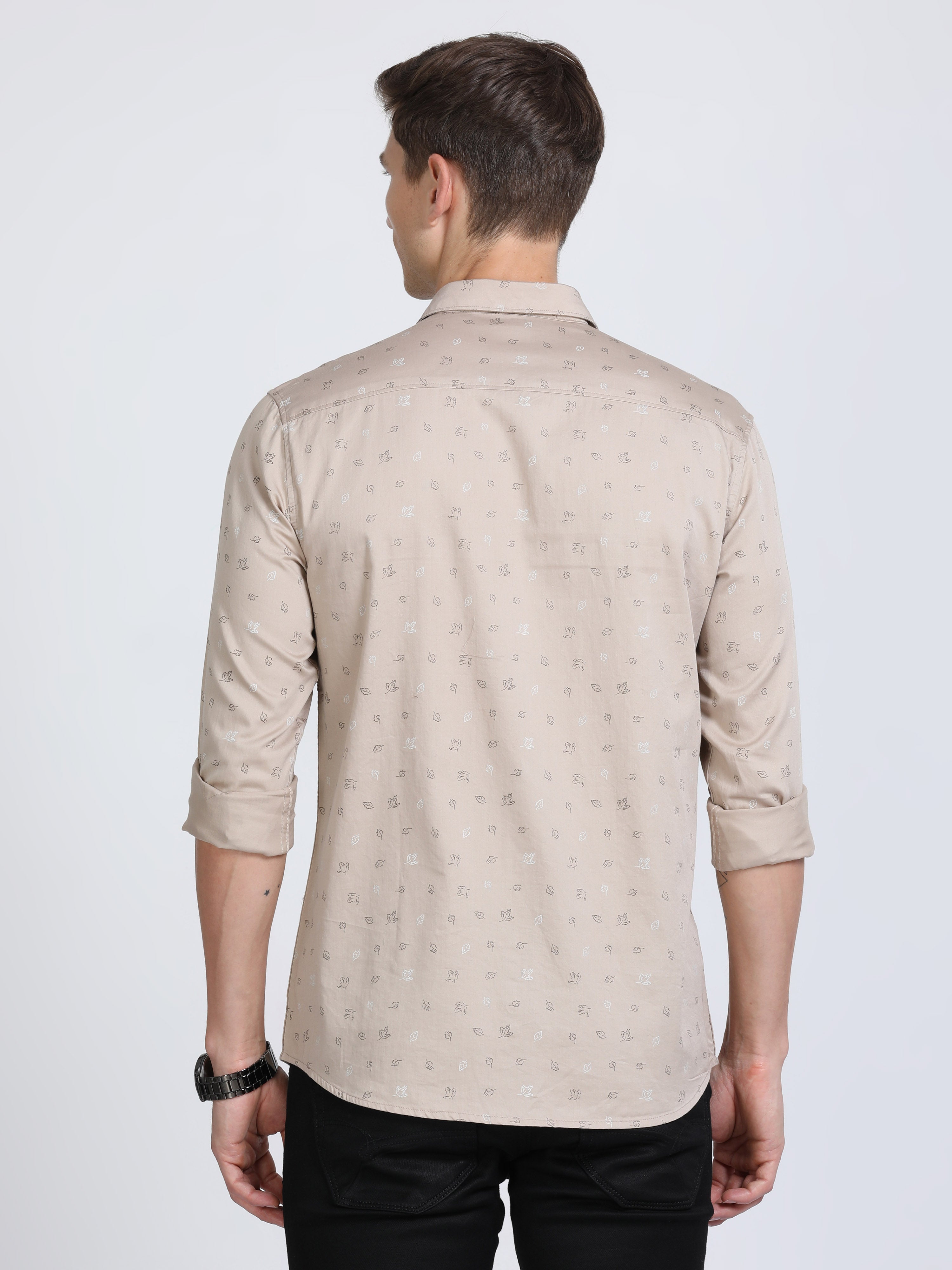 Classic Polo Mens Pure Cotton Full Sleeves Printed Slim Fit Polo Neck Cream Color Woven Shirt | So2-166 A-Fs-Prt-Sf