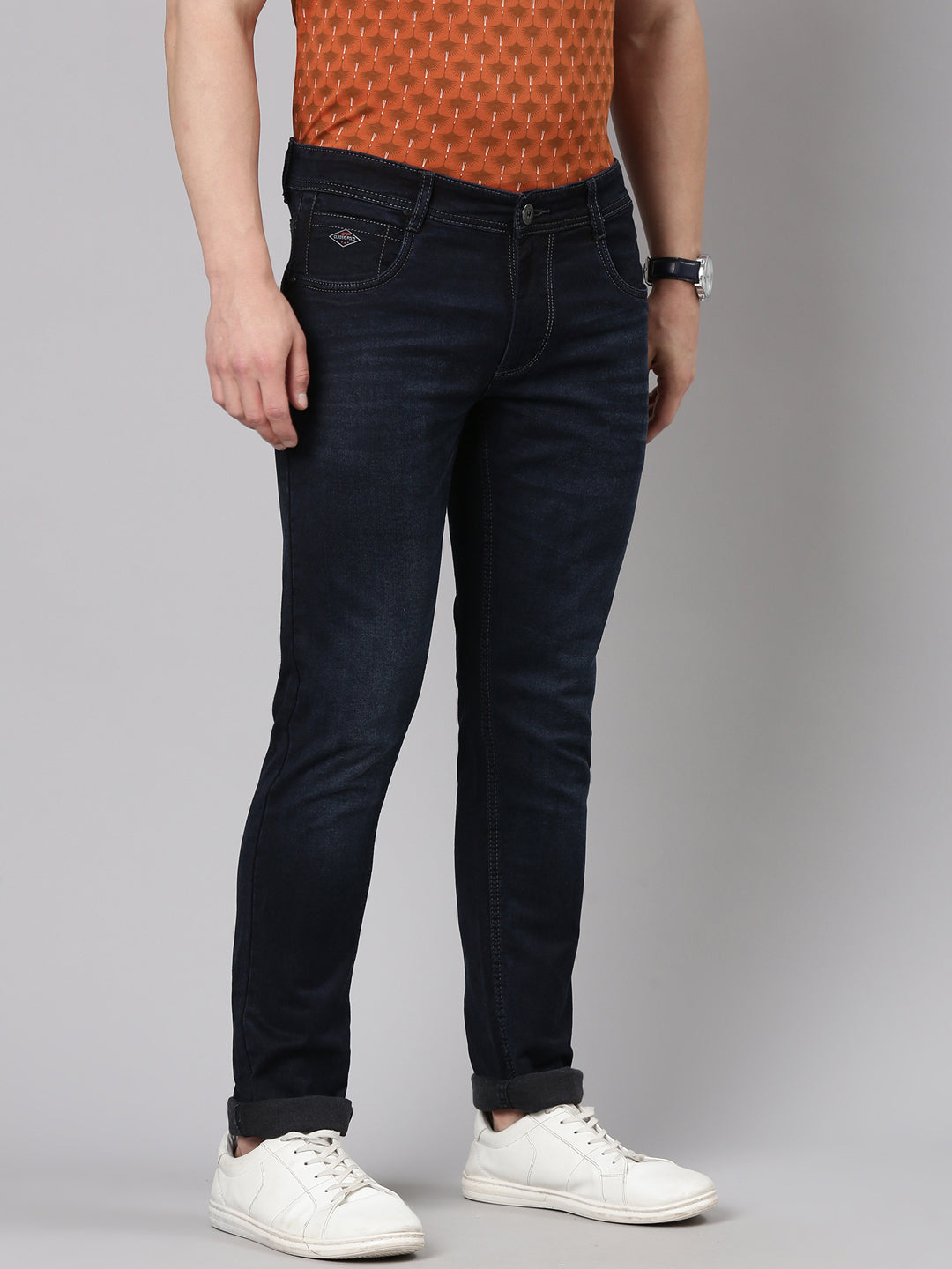 Classic Polo Men's Dark Navy Blue Solid Cotton Ankle Fit Jeans | LDMQ2-08-D.NVY-AF