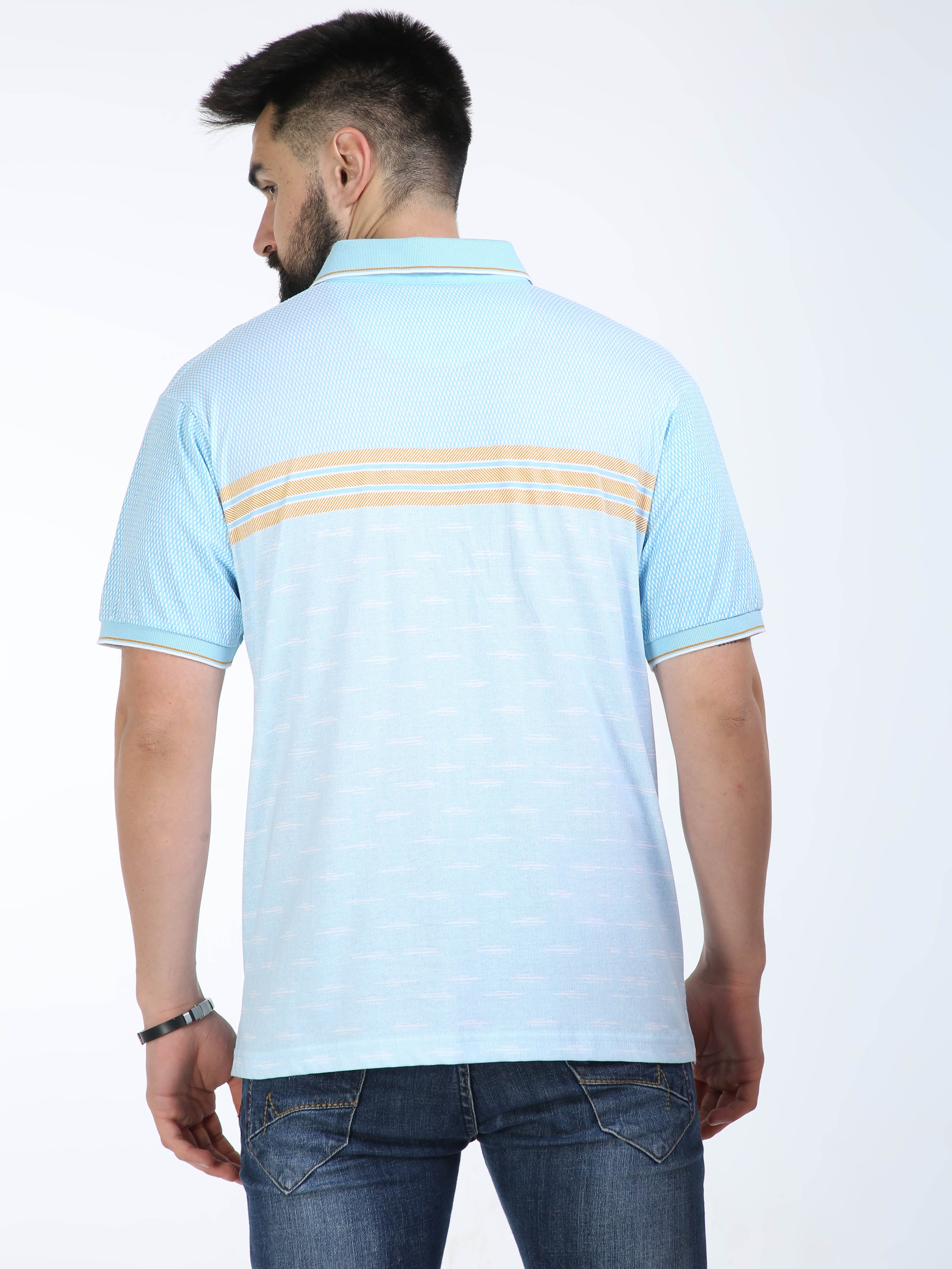 Classic Polo Mens Pure Cotton Half Sleeves Striped Authentic Fit Polo Neck Aqua Blue Color T-Shirt | Carve Polo - 16 A Af P