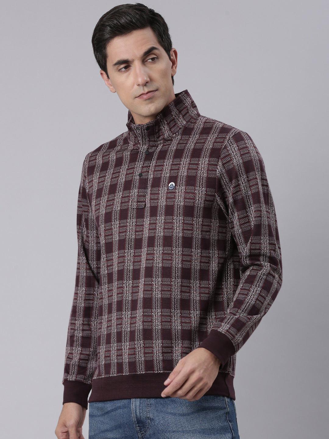 Classic Polo Men's Burgundy High Neck Button Checked  Sweatshirt | CPSS - 504 B
