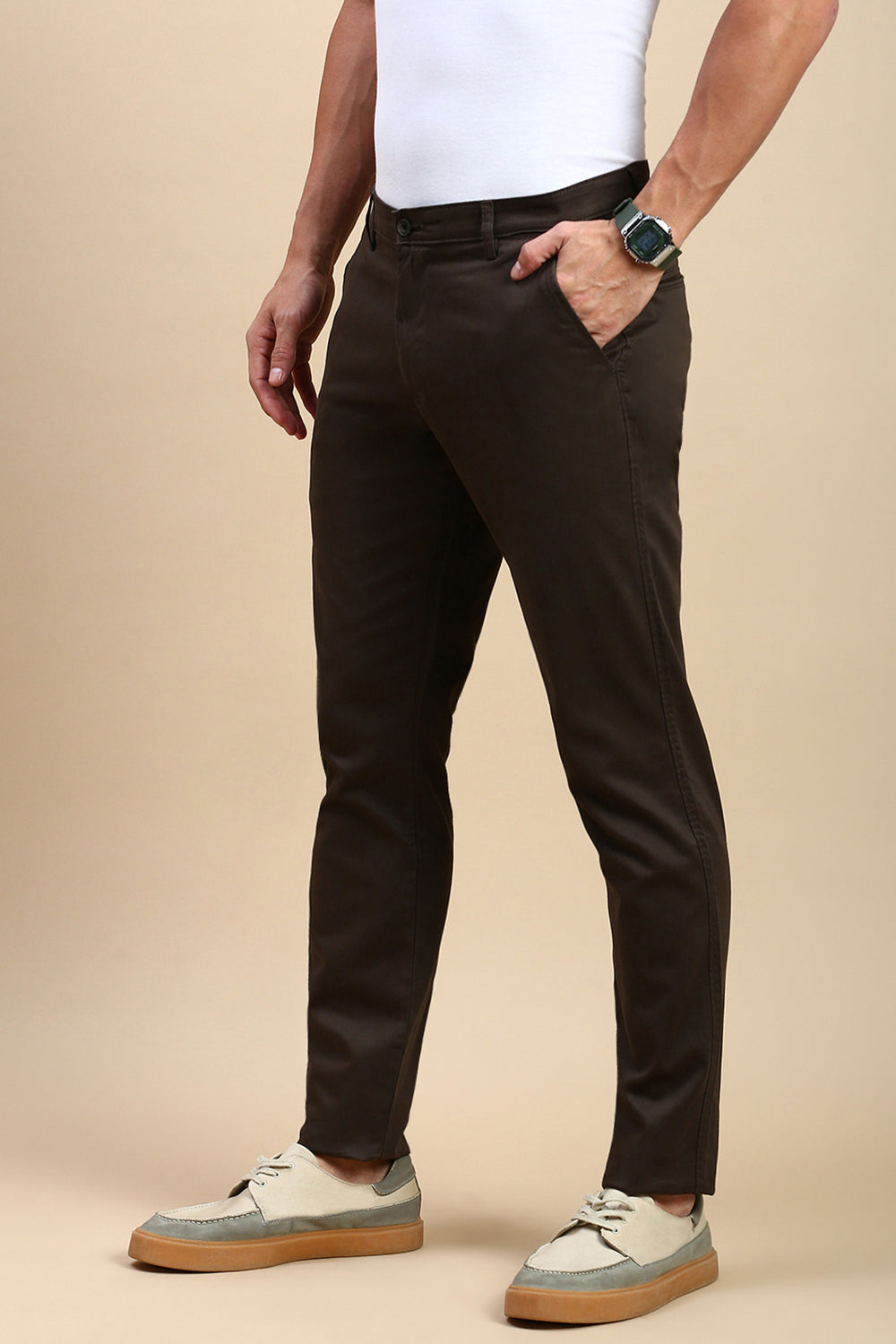Classic Polo Men's Dark Olive Slim Fit Solid Trouser | TP2-EL-01 C-OLV-FR-LY