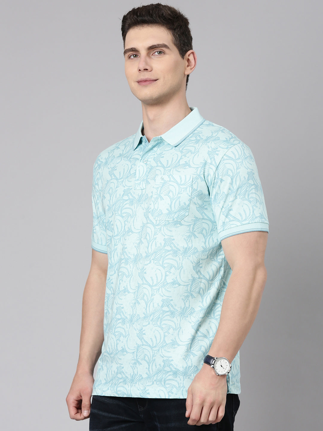 Classic Polo Men's Half Sleeve Aqua Green Polo Neck Slim Fit All Over Print Cotton T-Shirt | BELLO - 352 A SF P