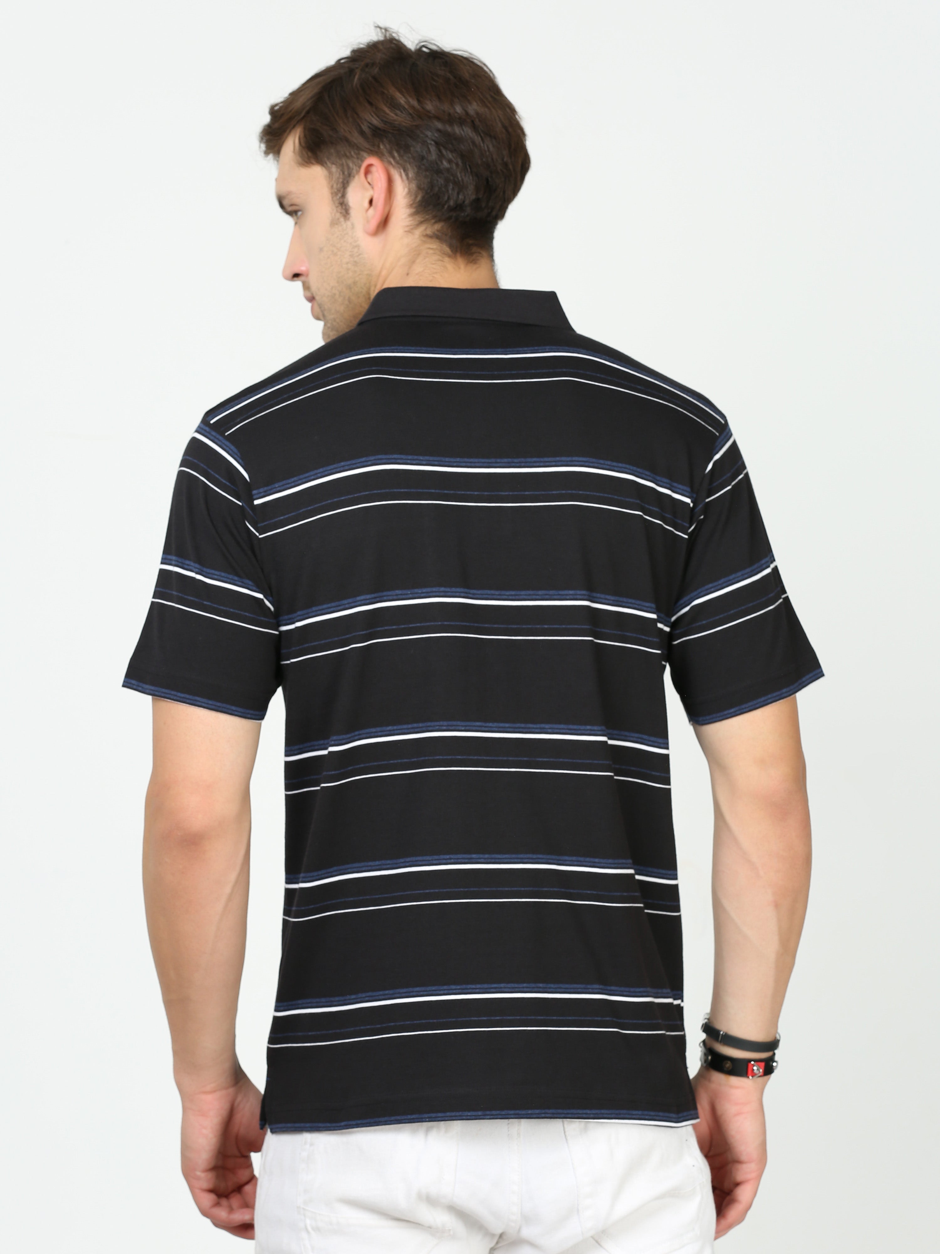 Classic Polo Mens Cotton Half Sleeves Striped Authentic Fit Polo Neck Black Color T-Shirt | Avon - 541 B Af P